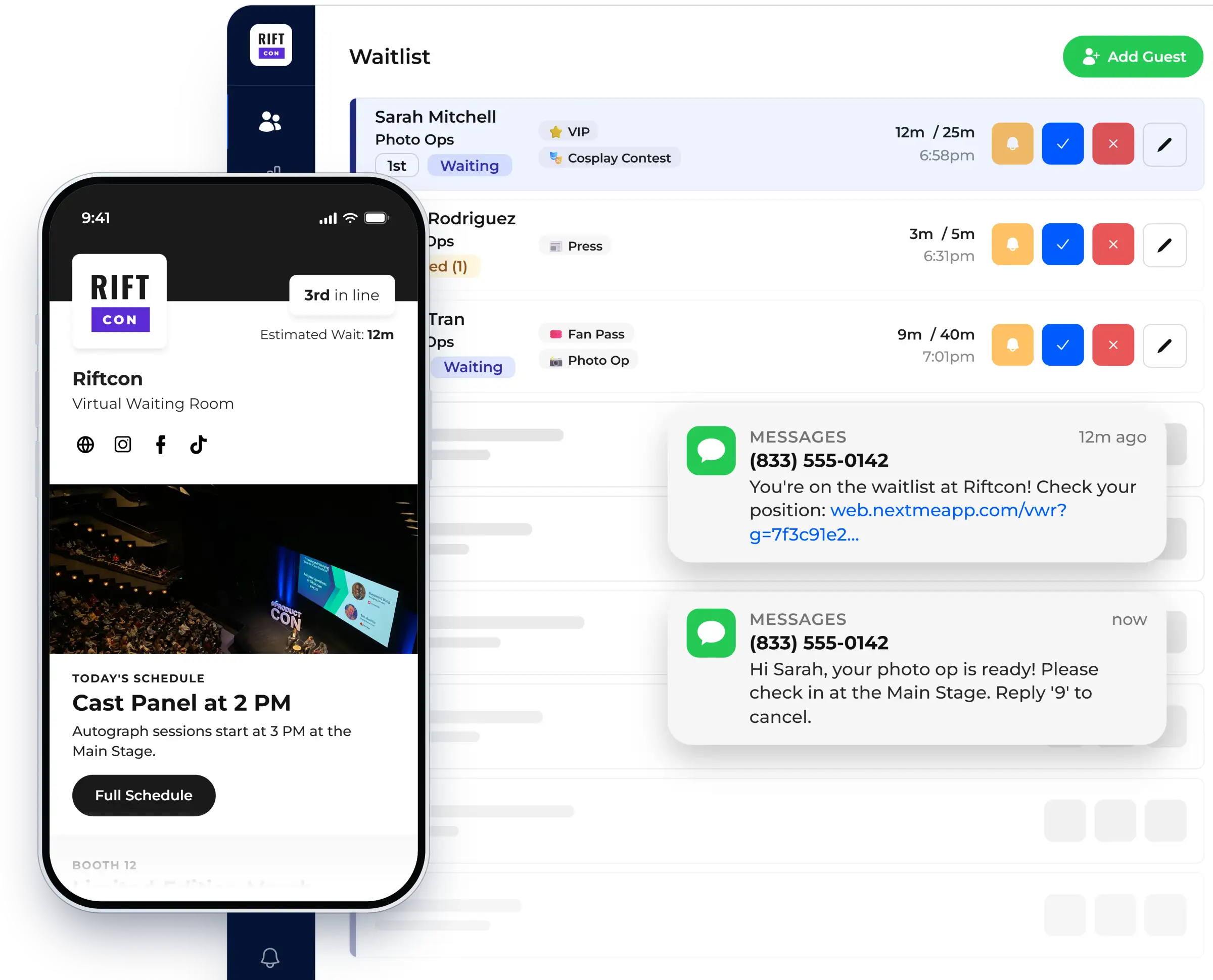 Waitlist dashboard with the virtual waiting room on a guest phone, shown in NextMe for an event