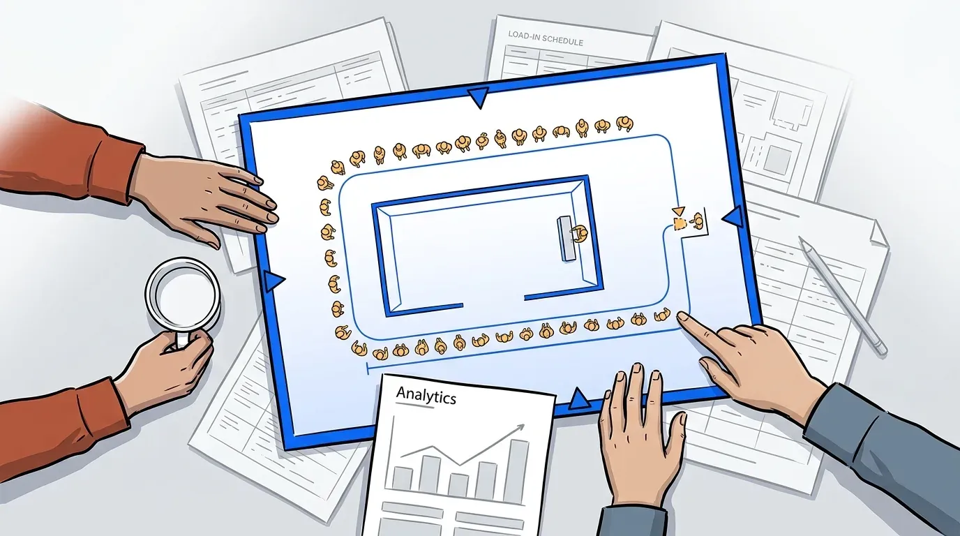 Experiential marketing queue management plan drawn on an activation floor plan at an agency pitch table