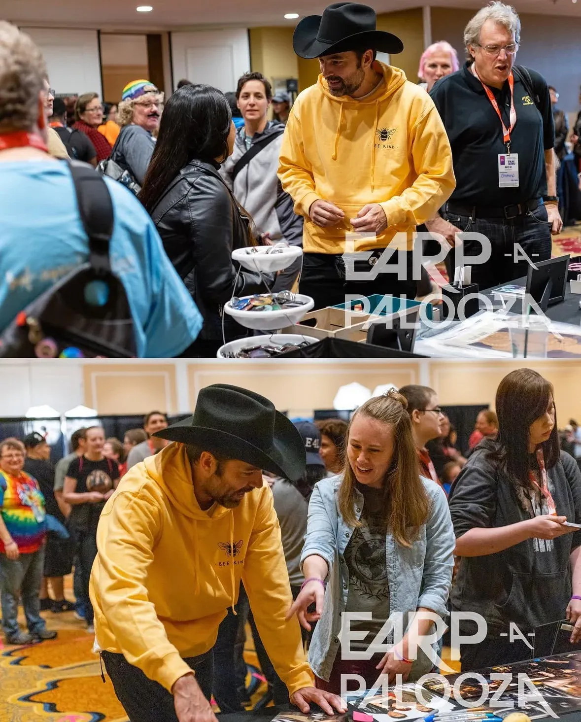 A cast member in a cowboy hat chatting with fans at his table at Earp-a-Palooza