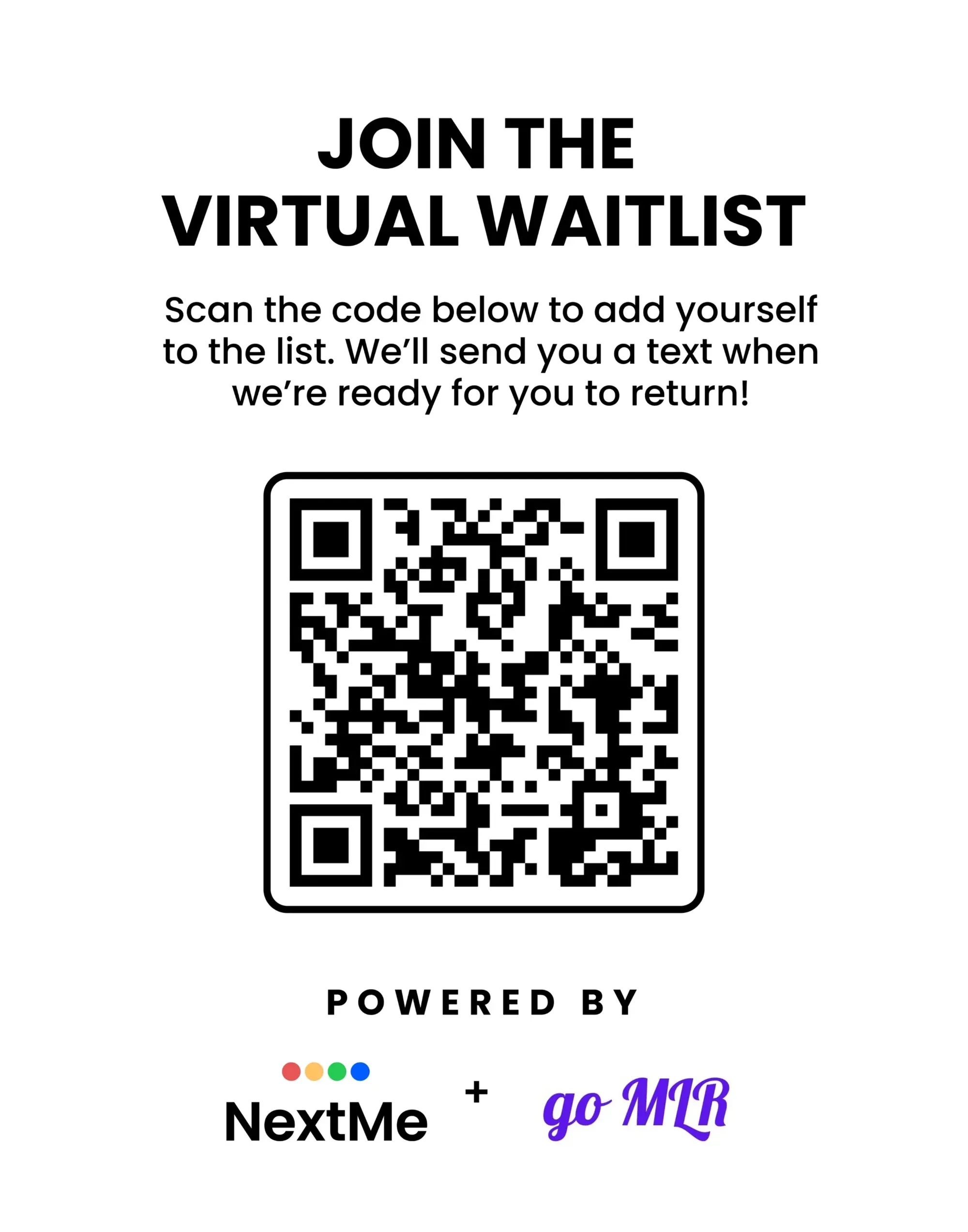 Join the Virtual Waitlist QR code sign for the Glam Bar, powered by NextMe and goMLR