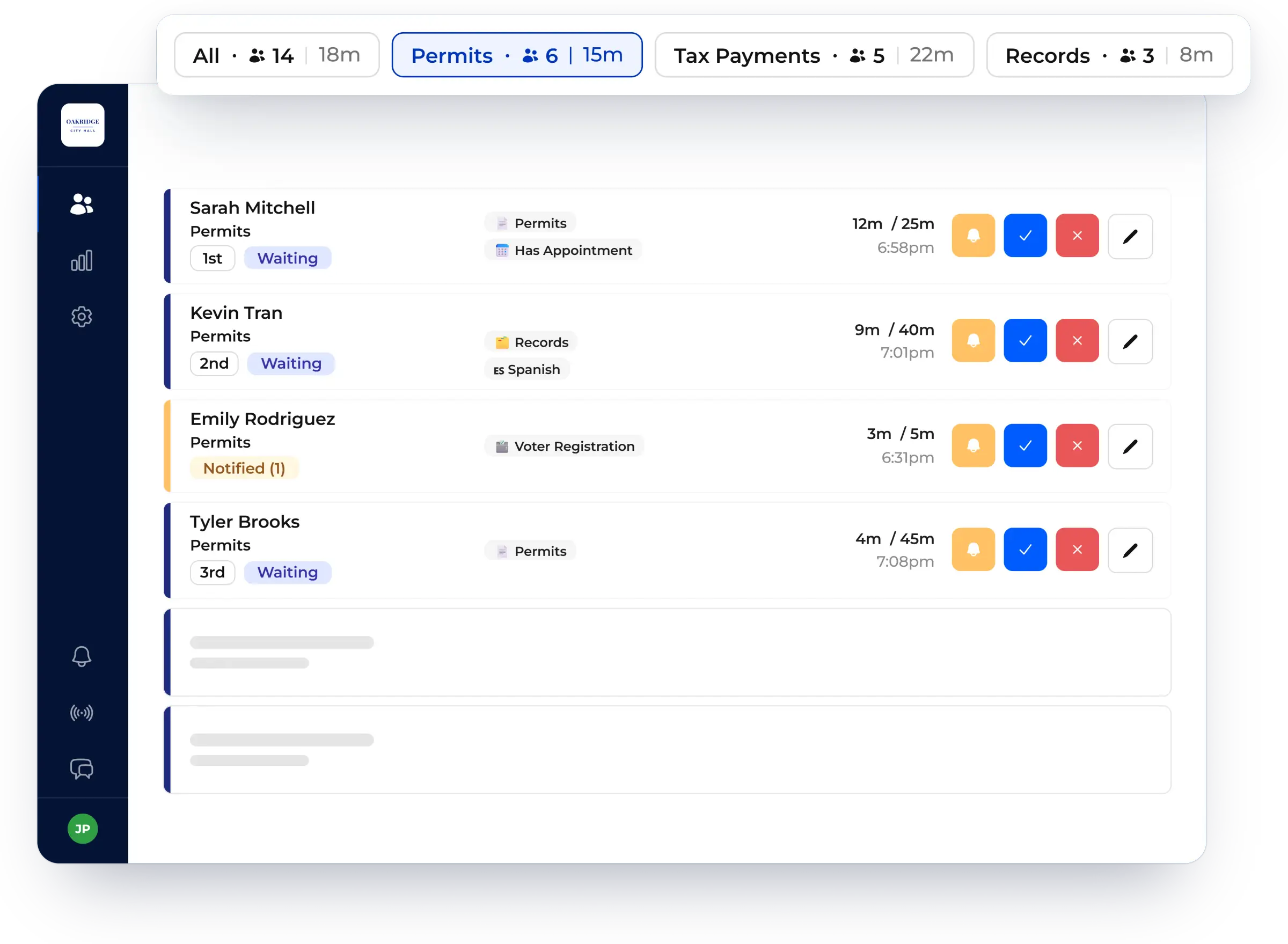 Multiple queues managed on one waitlist, shown in NextMe for a government office
