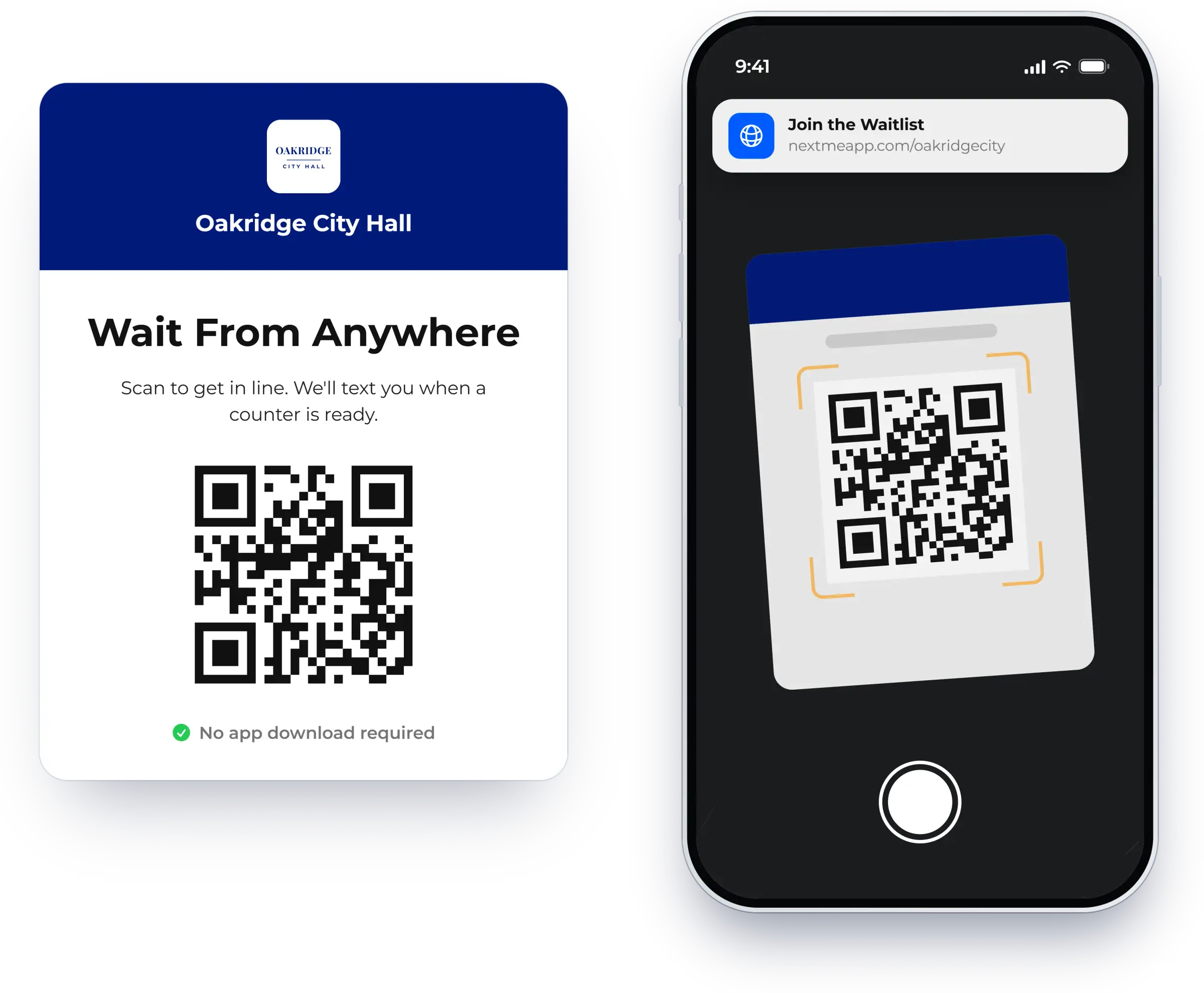 QR code sign that guests scan to join the waitlist, shown in NextMe for a government office