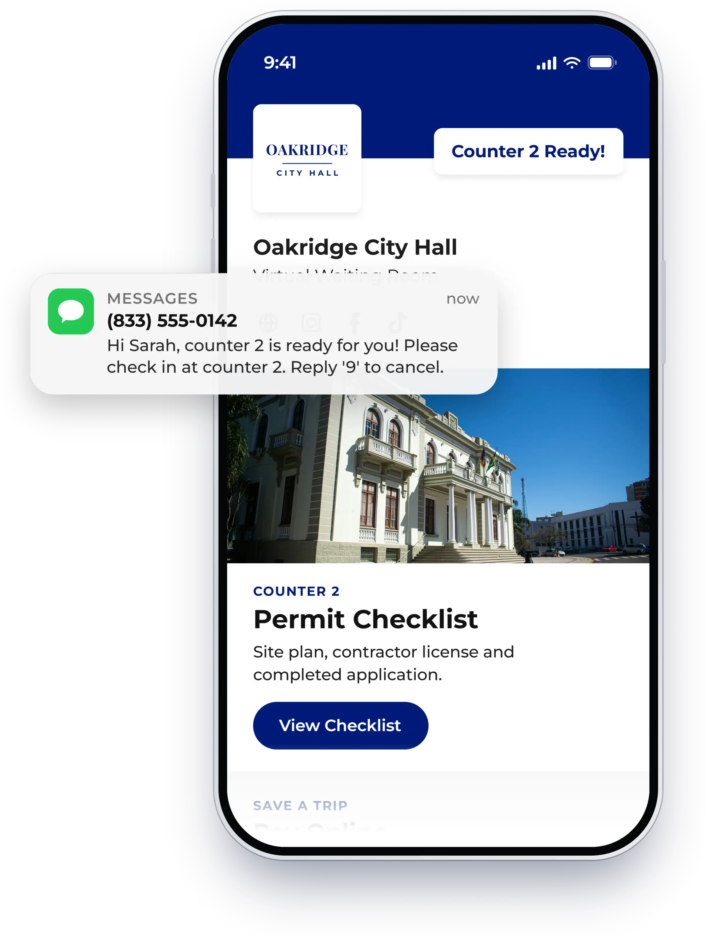 Text message telling a guest they are ready to be seen, shown in NextMe for a government office