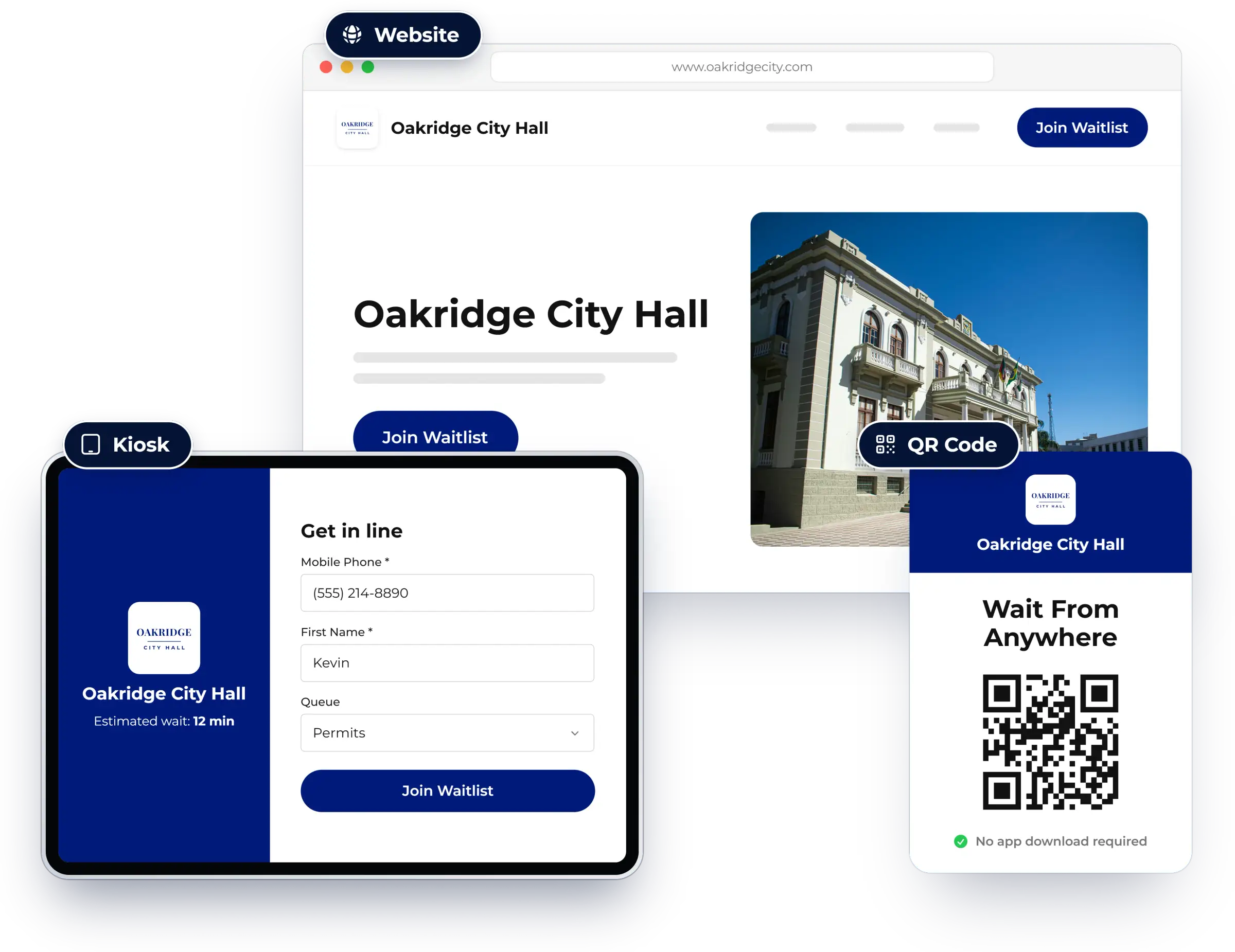 Three ways for guests to join: website, kiosk and QR code, shown in NextMe for a government office