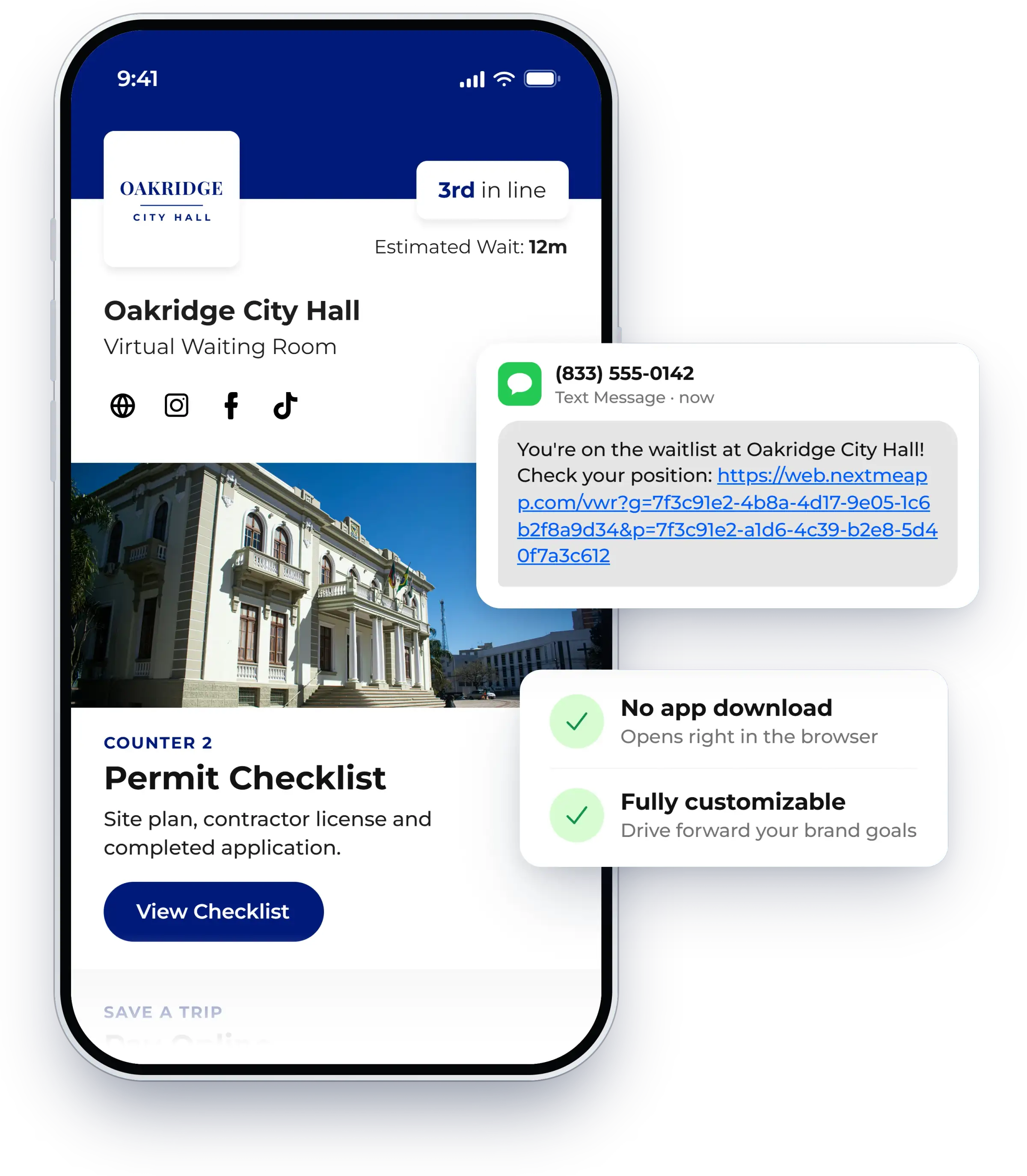 Virtual waiting room showing a guest their place in line on their phone, shown in NextMe for a government office