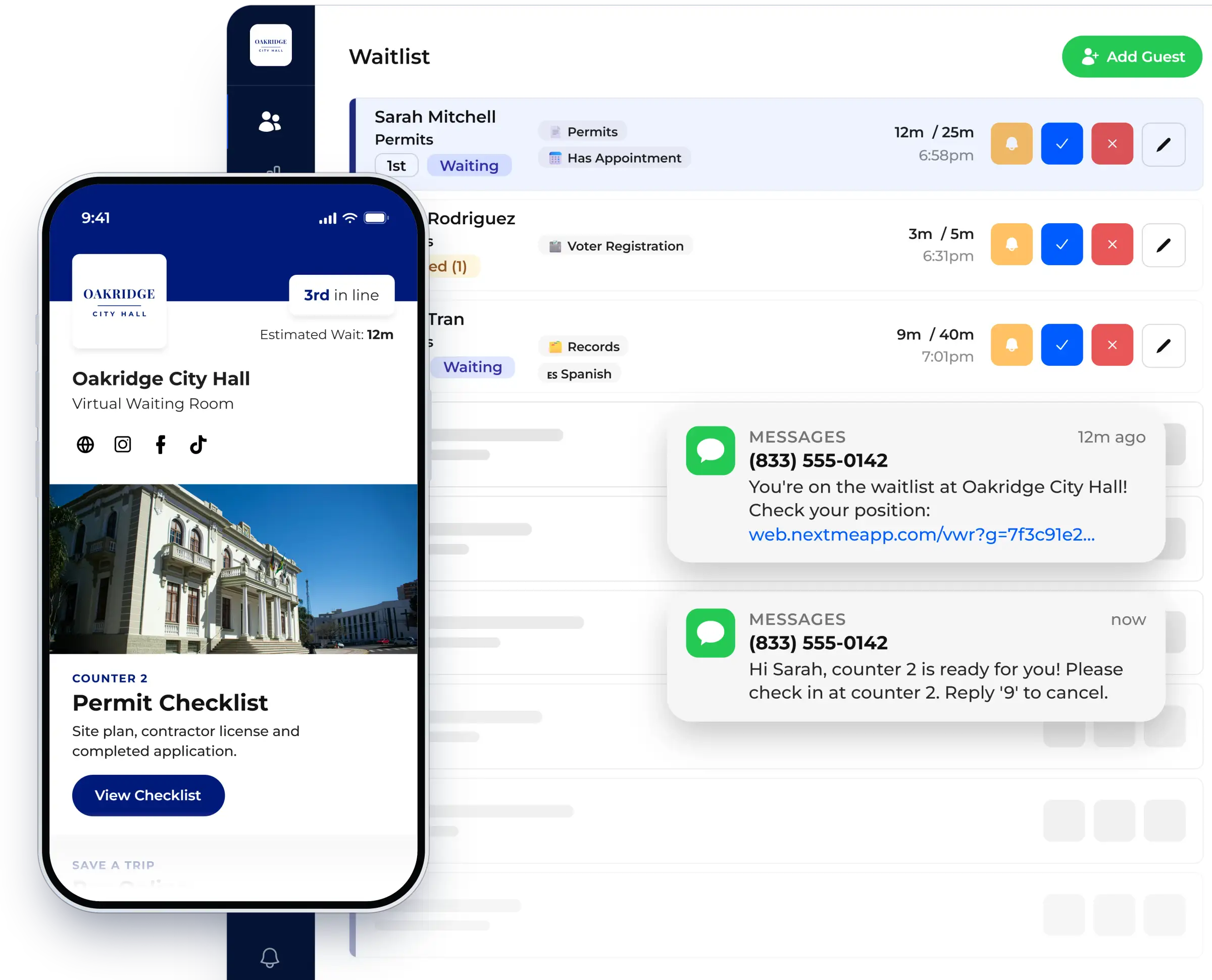 Waitlist dashboard with the virtual waiting room on a guest phone, shown in NextMe for a government office