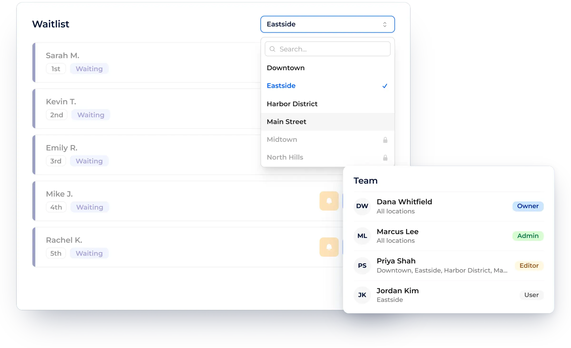 Location picker and team roles for multi-location businesses, shown in NextMe for a healthcare clinic