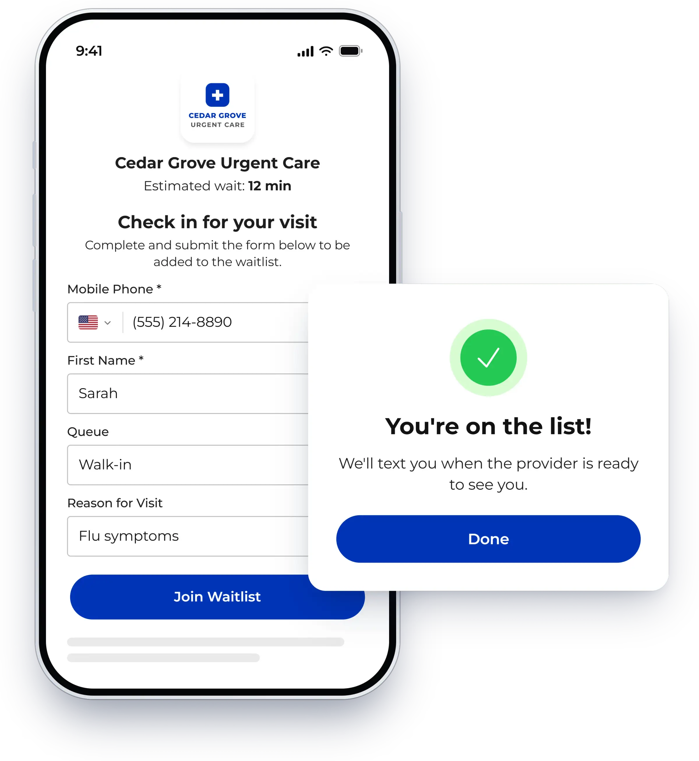 Self check-in form where guests join the waitlist from their phone, shown in NextMe for a healthcare clinic