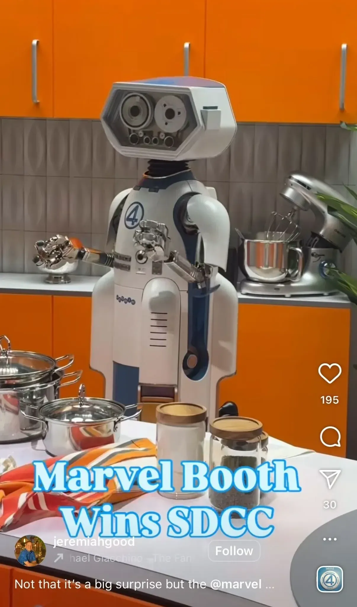 Instagram post of the H.E.R.B.I.E. robot at the Marvel booth, captioned Marvel Booth Wins SDCC