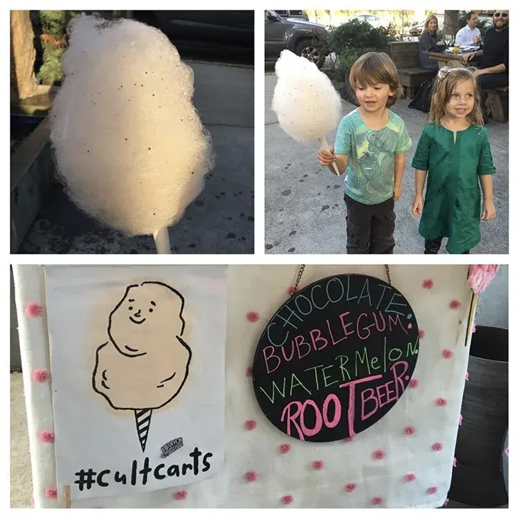 Collage of a cotton candy cart at Ration + Dram with two kids holding cotton candy and a flavors chalkboard