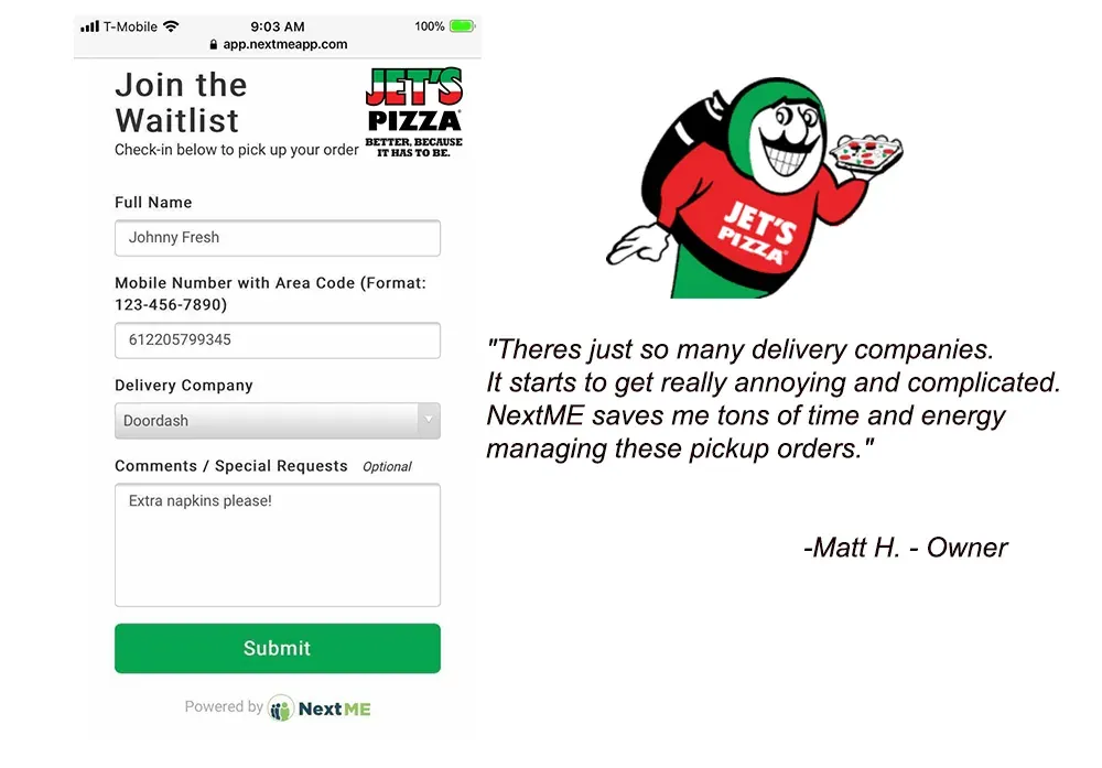 Jet’s Pizza pickup waitlist form for delivery drivers powered by NextMe, beside an owner quote about managing pickup orders