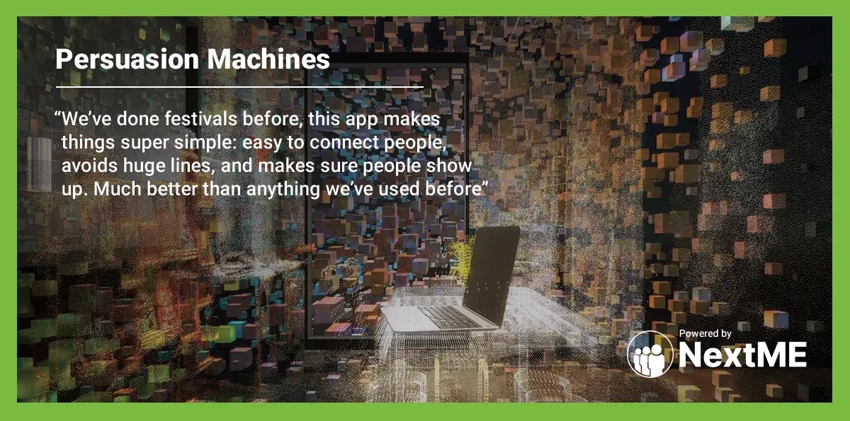 SXSW XR graphic for Persuasion Machines with a pixelated room scene and a quote saying NextMe avoids huge lines