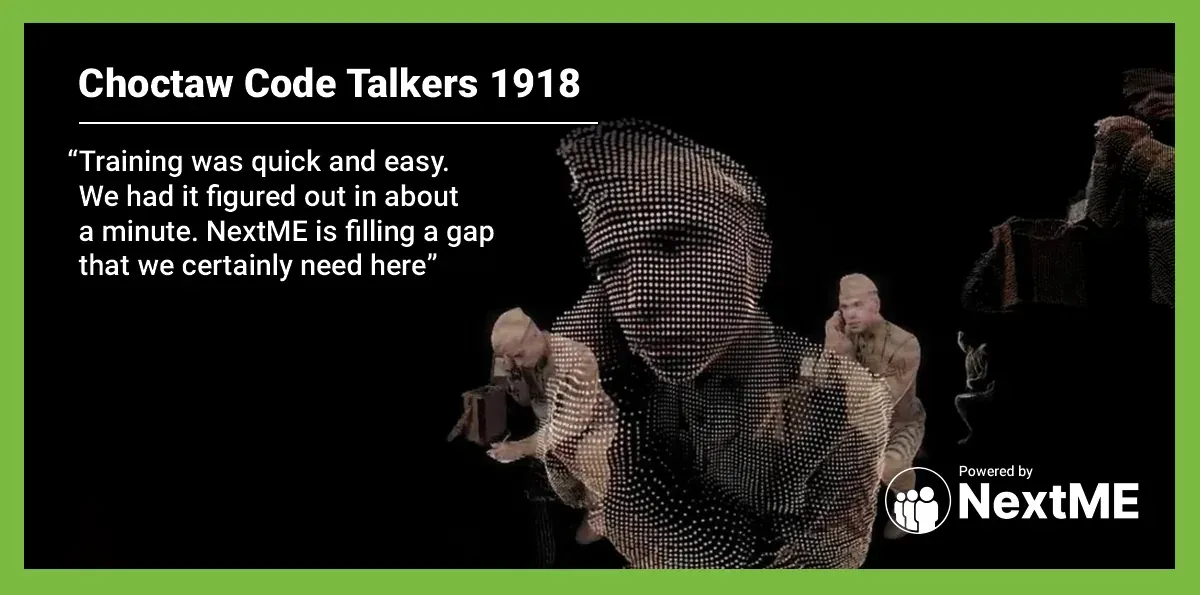 SXSW XR graphic for Choctaw Code Talkers 1918 with a volumetric soldier image and a quote praising NextMe’s quick training