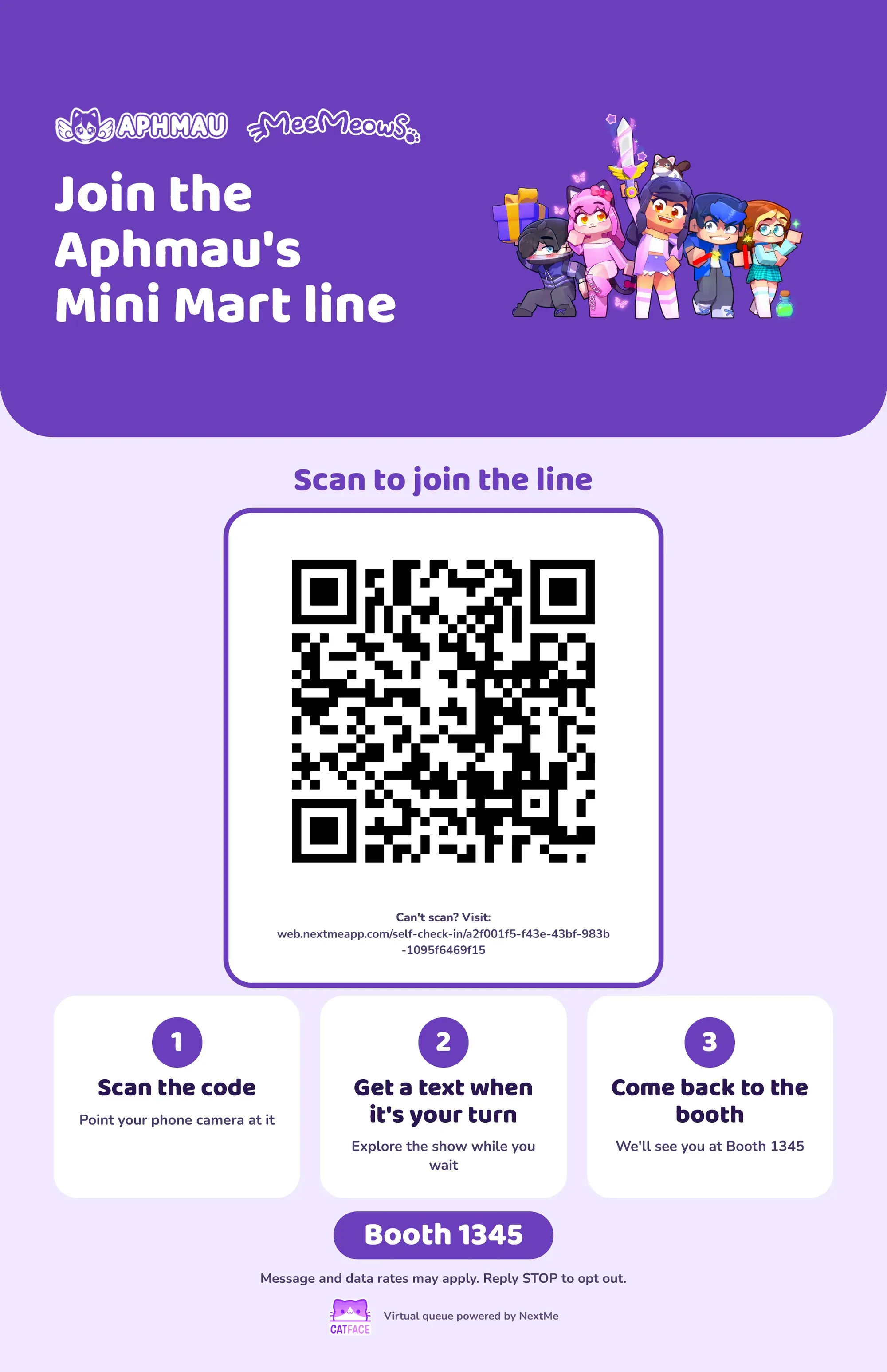 The Aphmau's Mini Mart sign for Booth 1345, with a QR code to join the line and three steps: scan the code, get a text when it's your turn, and come back to the booth