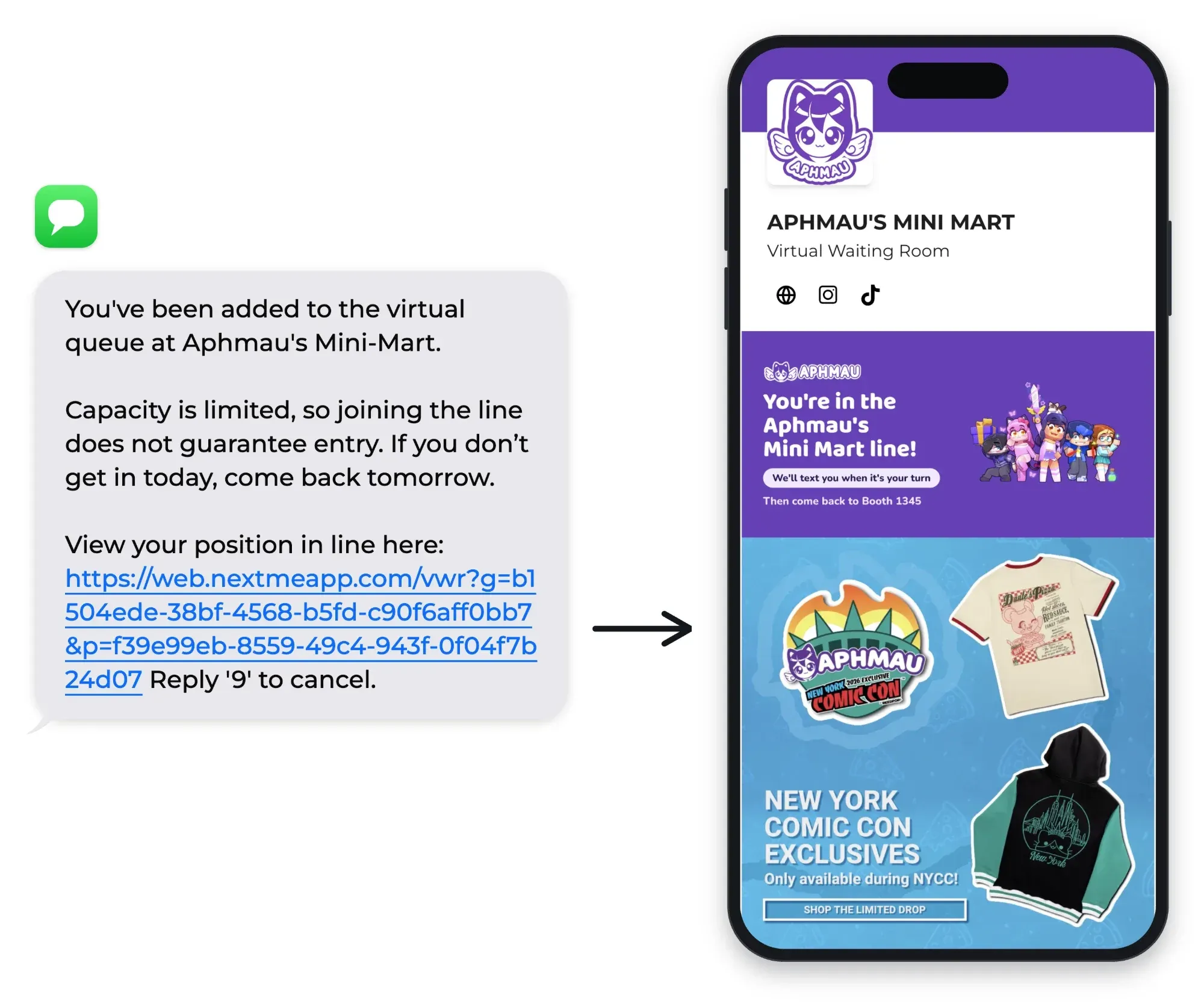 The confirmation text fans received after joining the Mini Mart line, next to the Aphmau's Mini Mart Virtual Waiting Room with the New York Comic Con exclusives