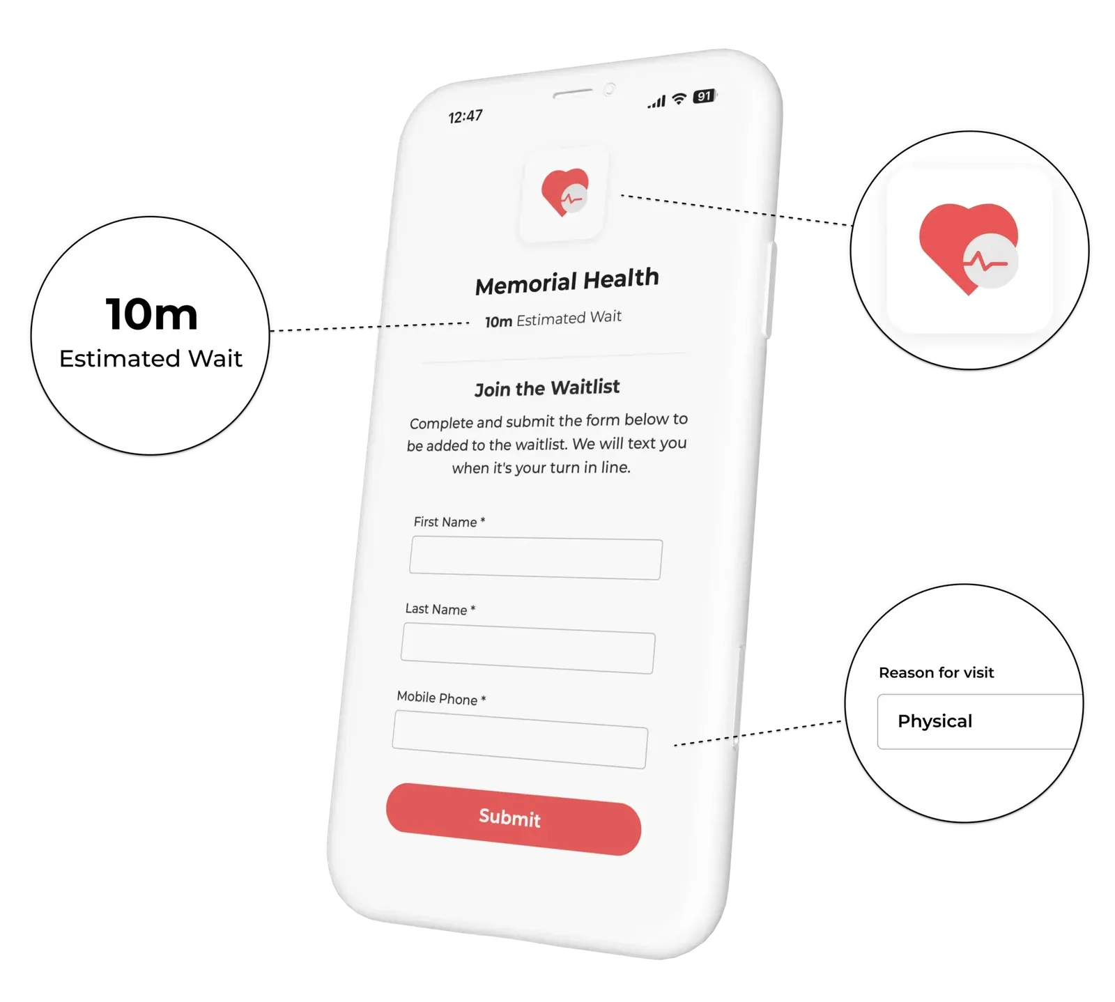 Memorial Health join-the-waitlist form on a phone with callouts for the 10-minute estimated wait and a reason-for-visit field