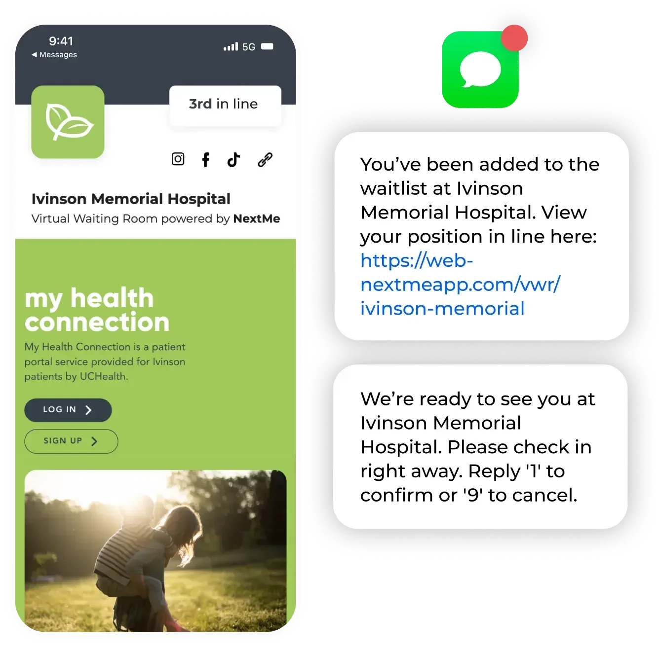 NextMe virtual waiting room for Ivinson Memorial Hospital showing 3rd in line, beside waitlist and ready-to-check-in text messages