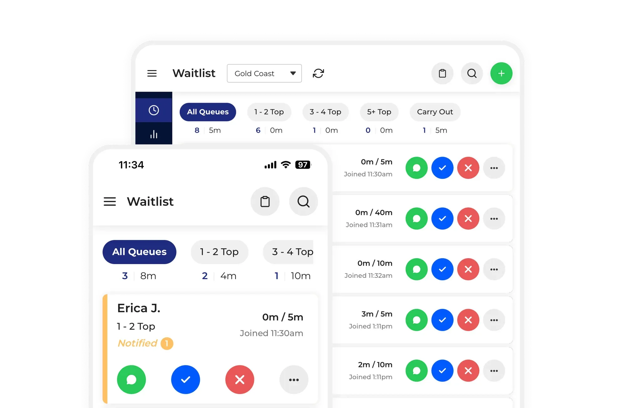 The NextMe waitlist on a tablet and a phone: guests grouped into queues such as 1 - 2 Top and Carry Out, each with wait times and buttons to message, check in or remove them