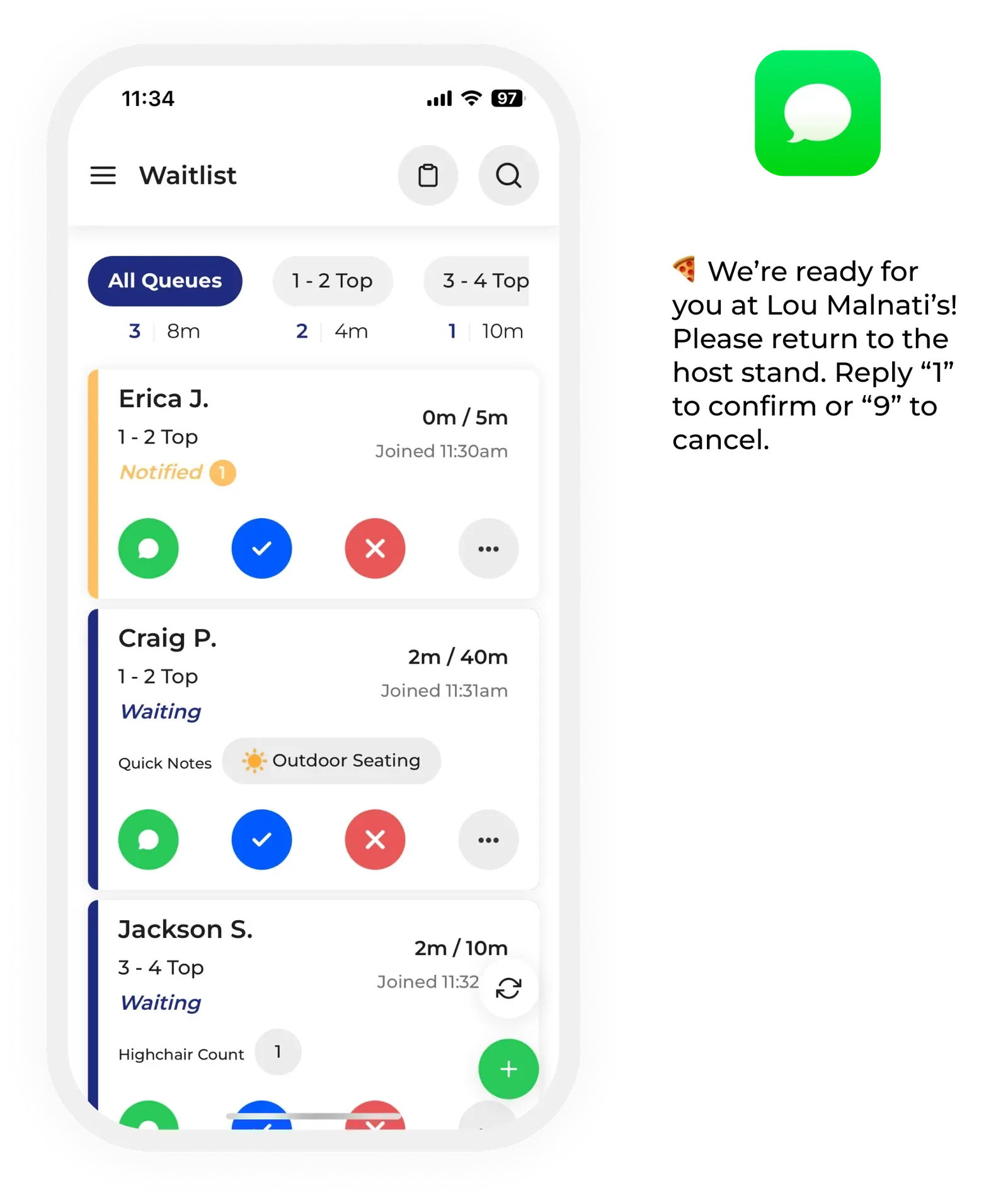 NextMe waitlist app on a phone listing three parties by table size and wait time, next to a table-ready text message