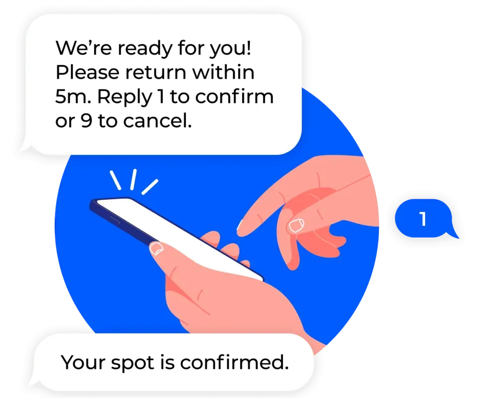 Text message thread where a guest replies 1 to a we’re-ready-for-you notification and gets back a your-spot-is-confirmed reply