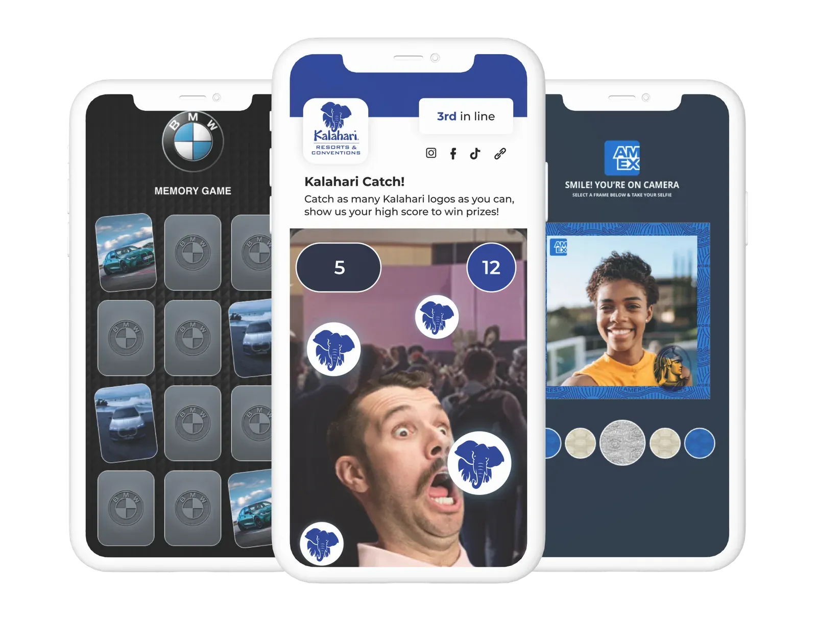 Branded VWR real estate: product carousels, sponsorships, games, videos, maps, social feeds, and CTAs. For events, turns wait time into measurable sponsor value.