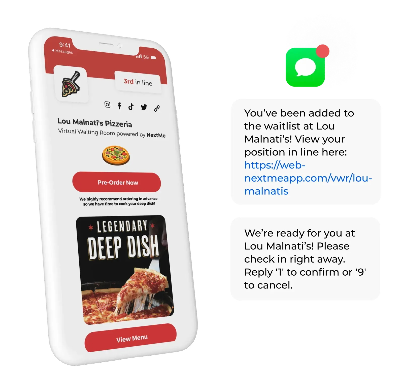 NextMe waitlist app Lou Malnati’s restaurant virtual waiting room example