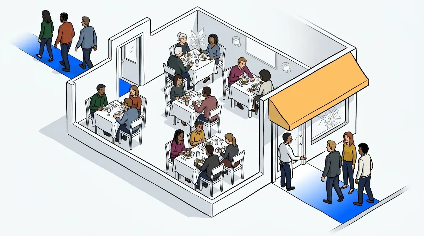 Host greeting arriving guests at a full restaurant, an OpenTable alternative for restaurants from NextMe