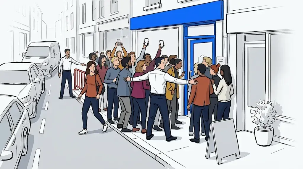 Crowded street outside a pop-up with security holding back fans, the product launch queue management problem to avoid