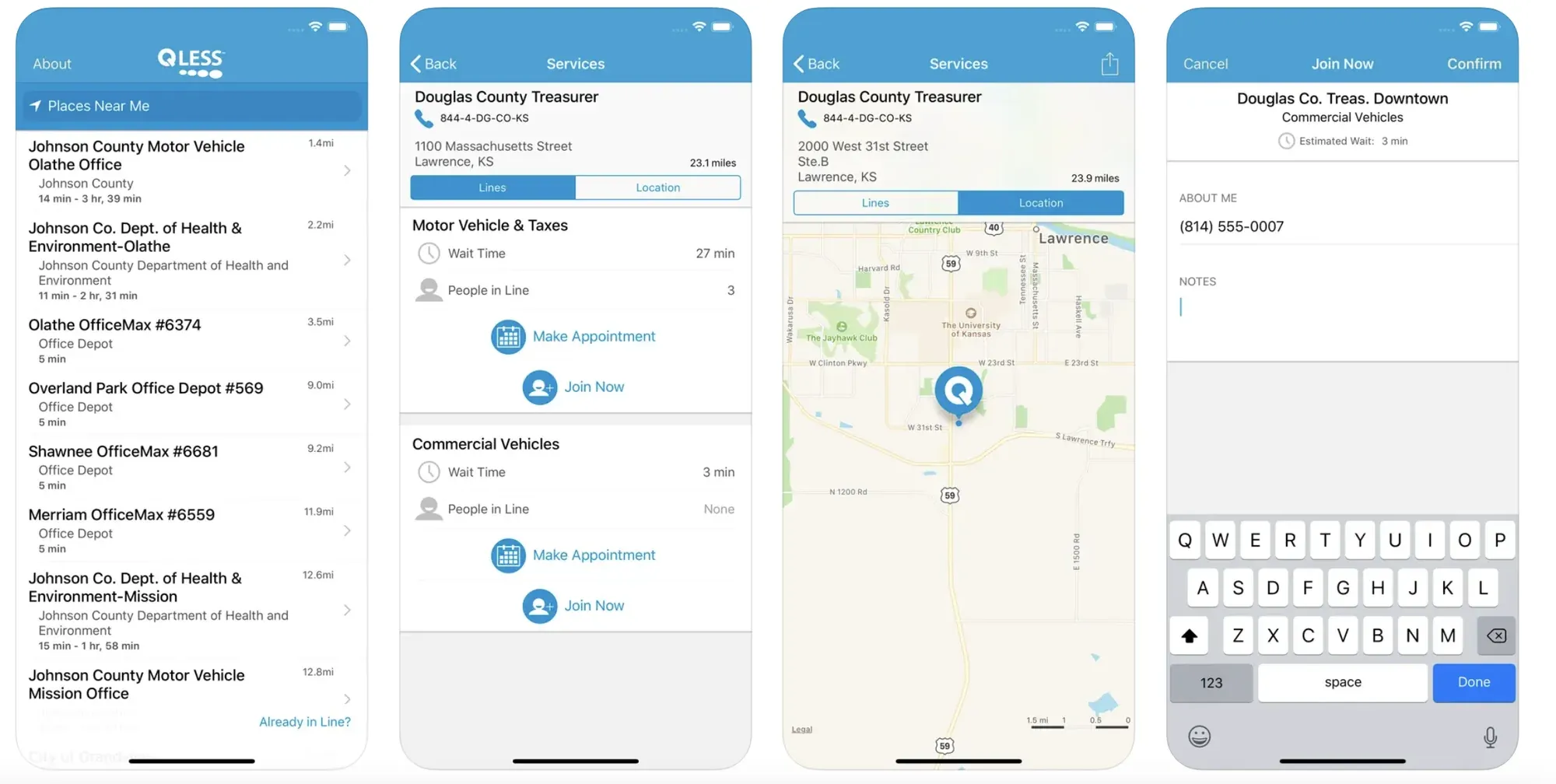 Four screens of the QLess iPhone app: a list of nearby places, a county treasurer's lines with wait times, its location on a map, and the Join Now form