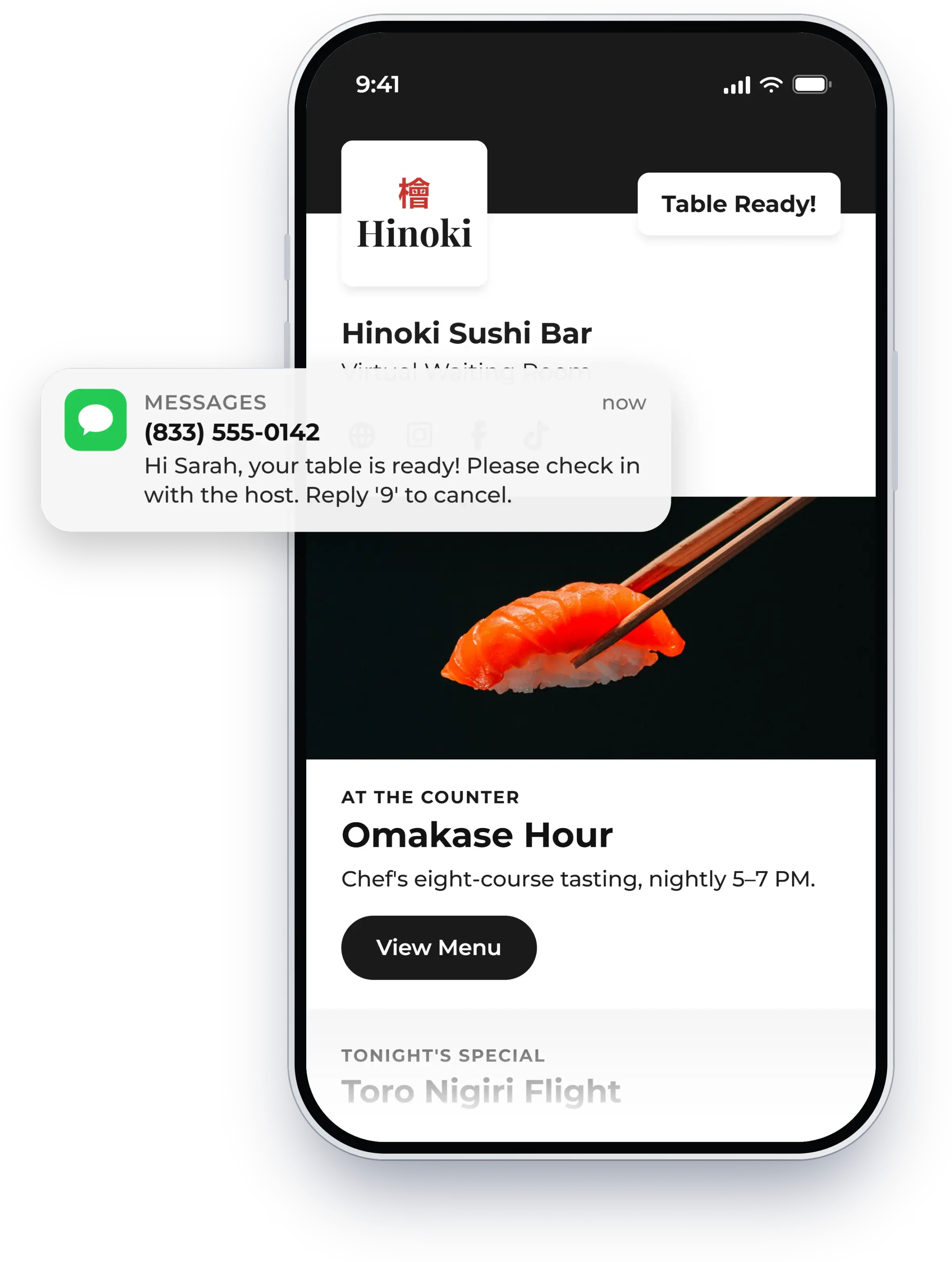 Text message telling a guest they are ready to be seen, shown in NextMe for a restaurant