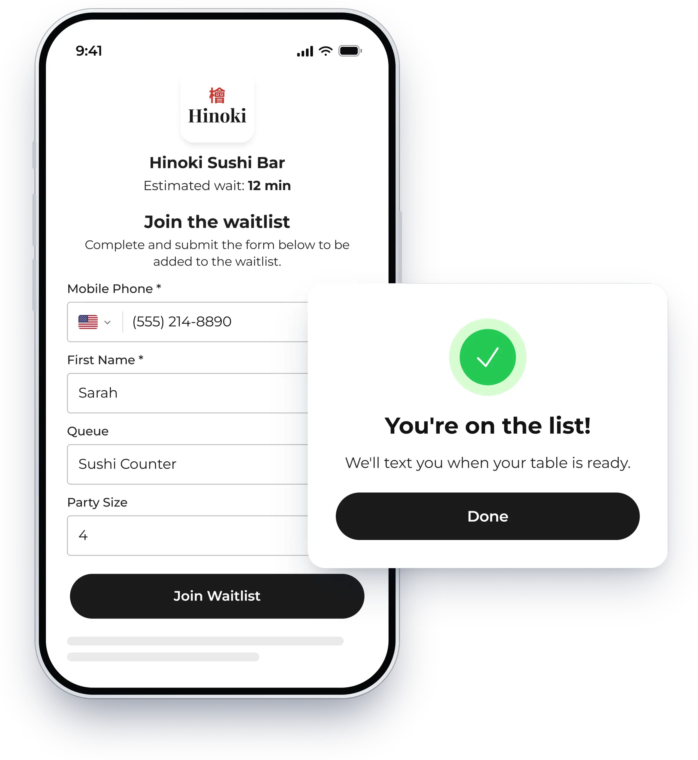 Self check-in form where guests join the waitlist from their phone, shown in NextMe for a restaurant