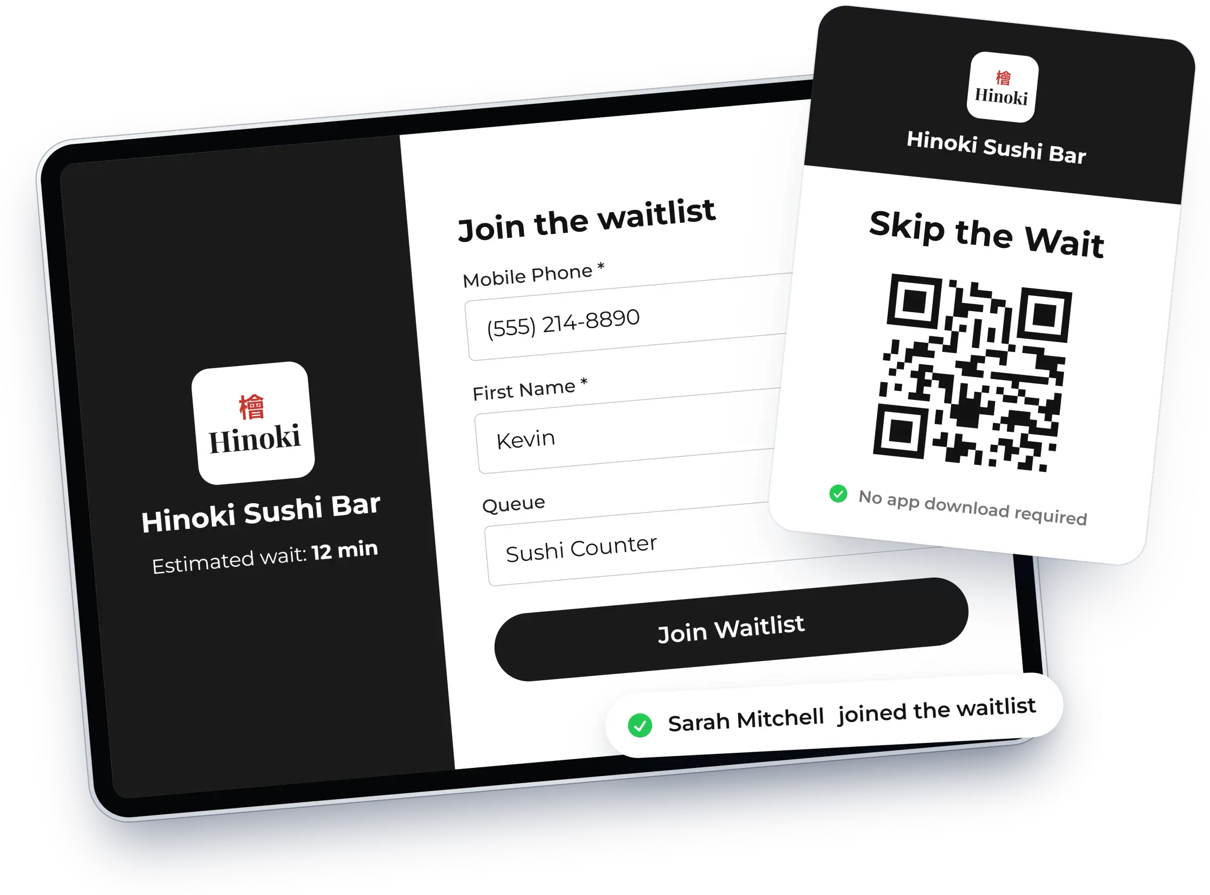 Self check-in kiosk, QR sign and joined-guest confirmation, shown in NextMe for a restaurant