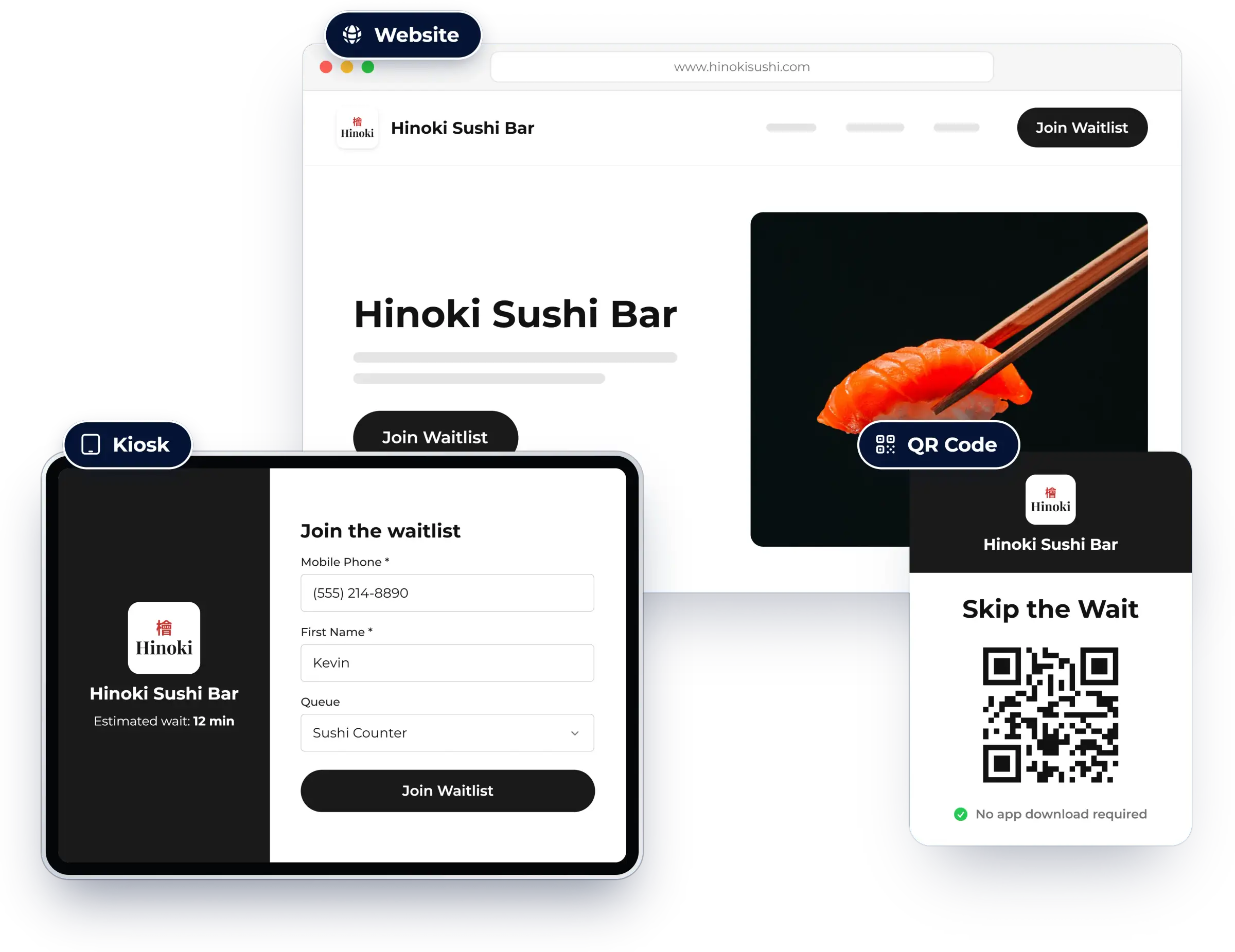 Three ways for guests to join: website, kiosk and QR code, shown in NextMe for a restaurant