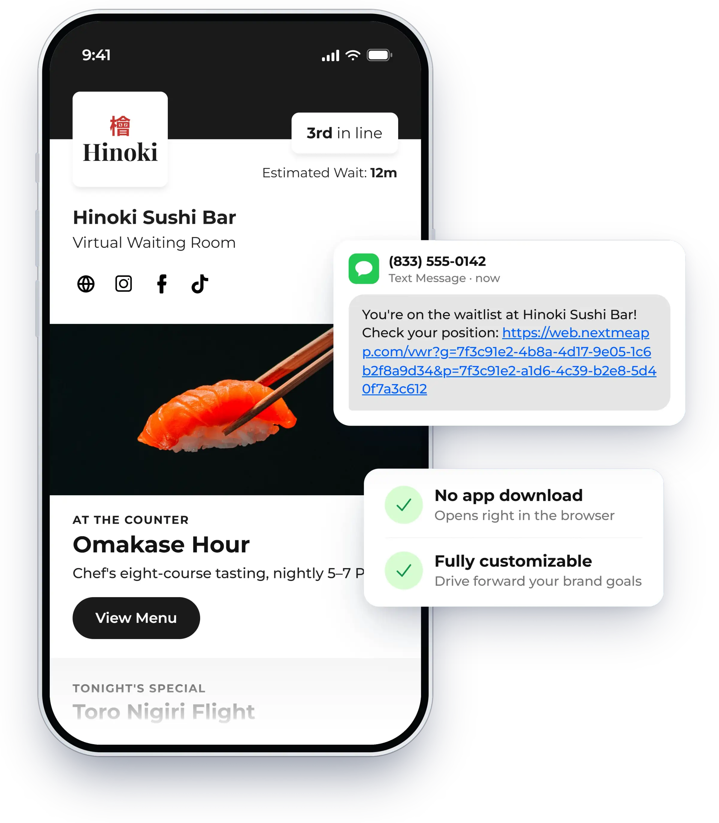 Virtual waiting room showing a guest their place in line on their phone, shown in NextMe for a restaurant