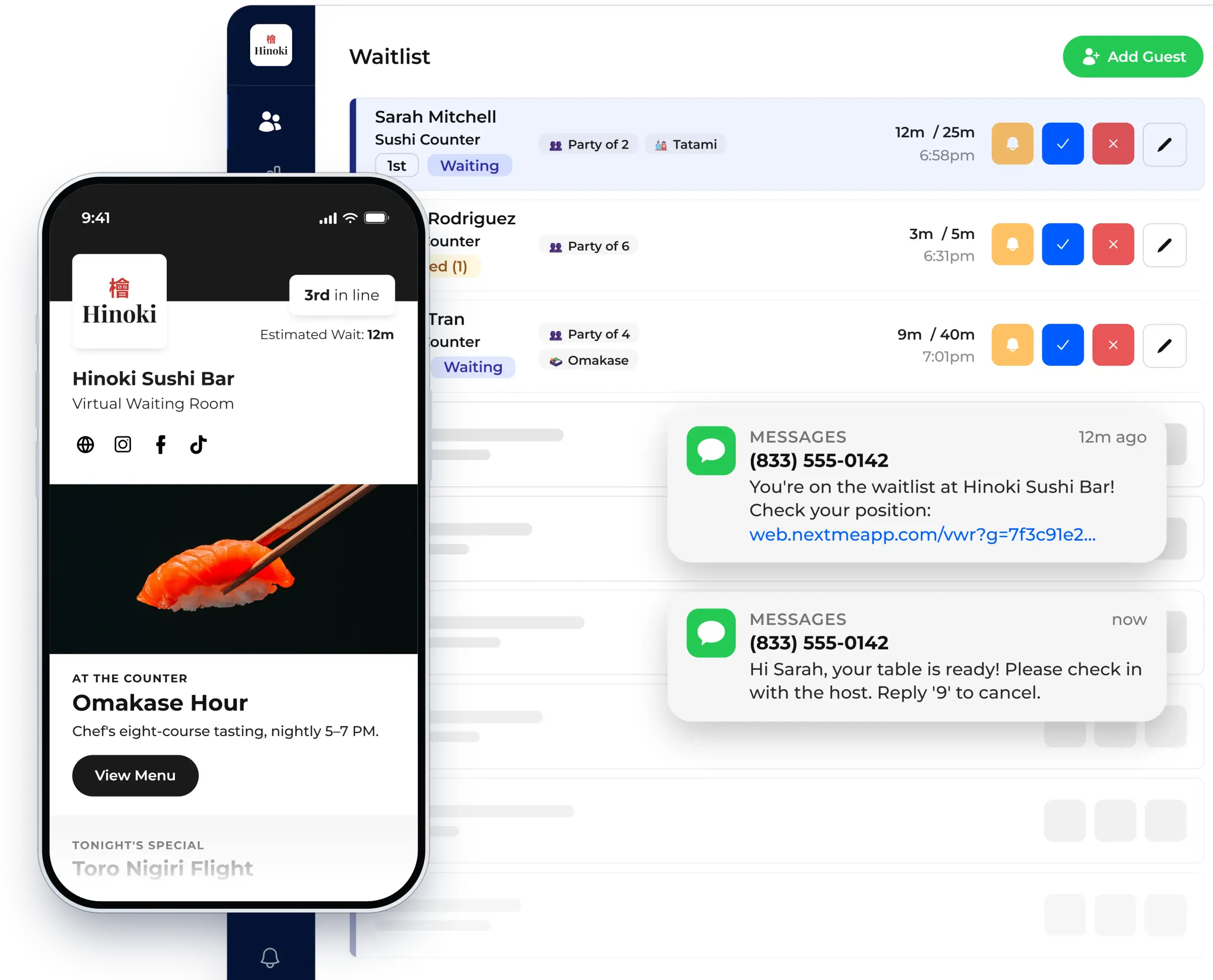 Waitlist dashboard with the virtual waiting room on a guest phone, shown in NextMe for a restaurant