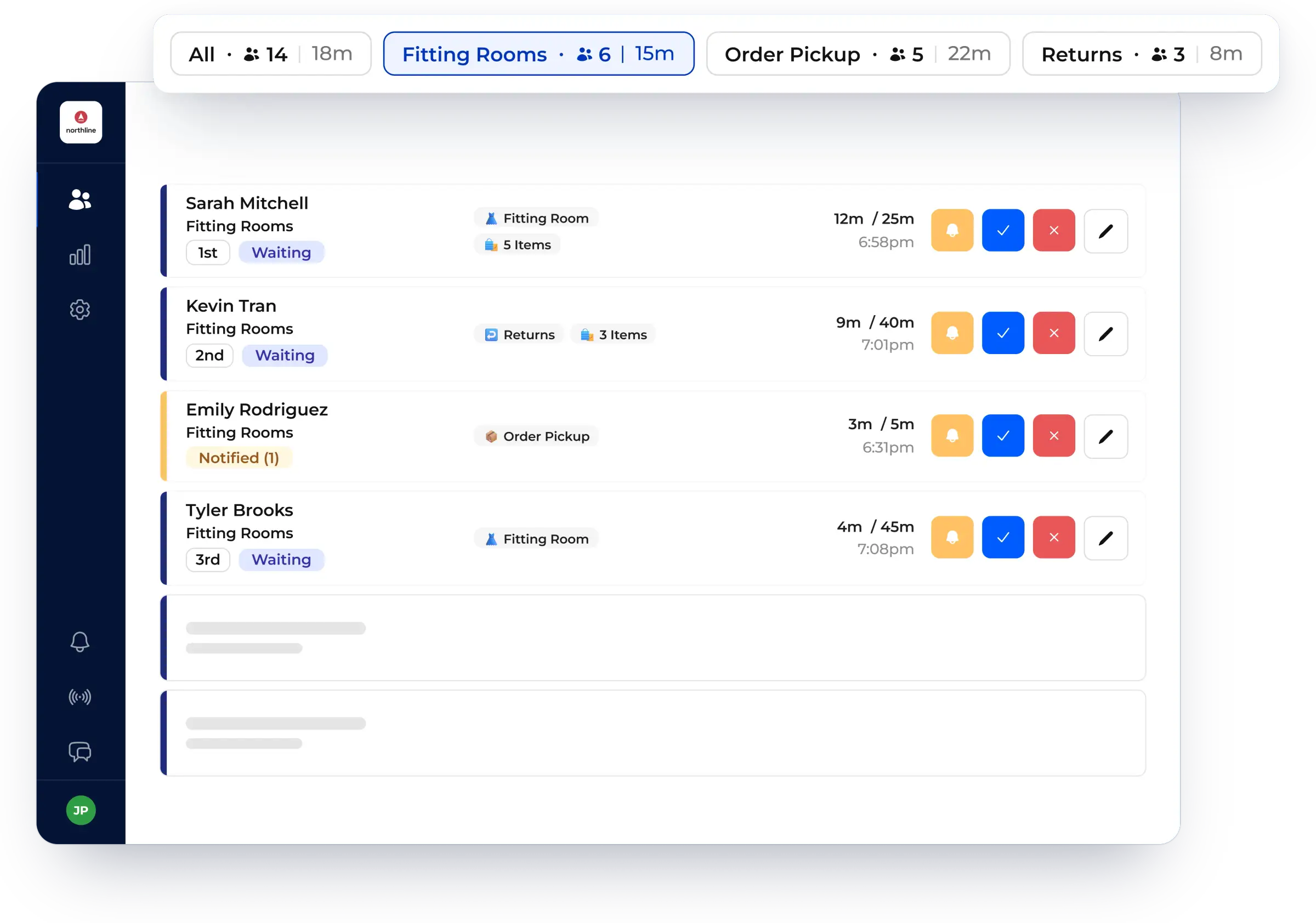 Multiple queues managed on one waitlist, shown in NextMe for a retail store