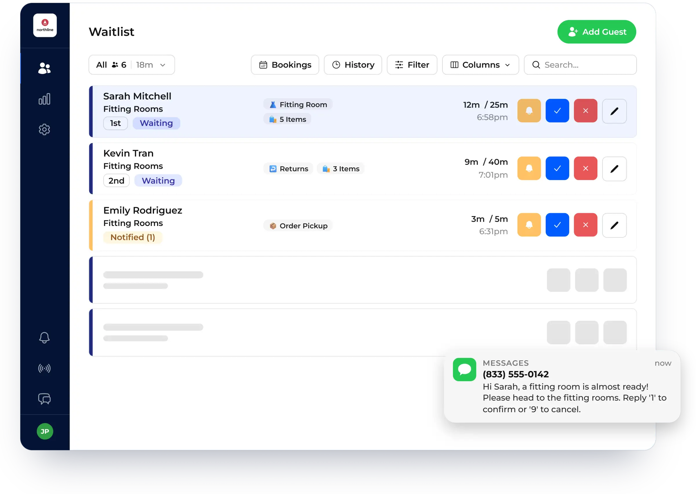 One-tap button that notifies a guest from the waitlist, shown in NextMe for a retail store
