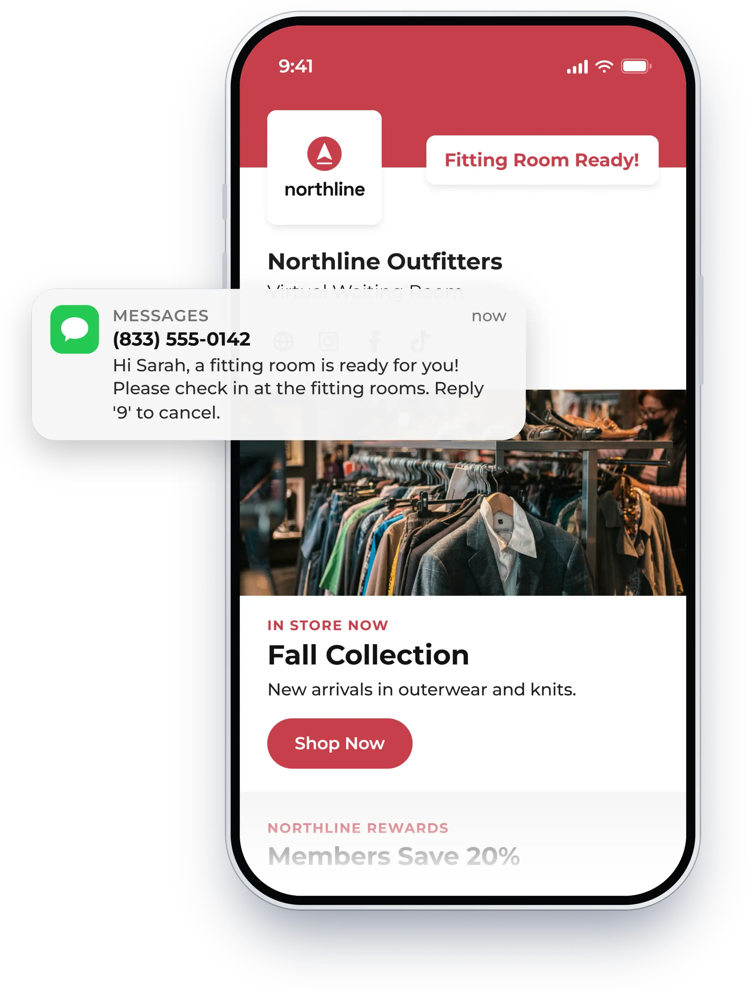 Text message telling a guest they are ready to be seen, shown in NextMe for a retail store