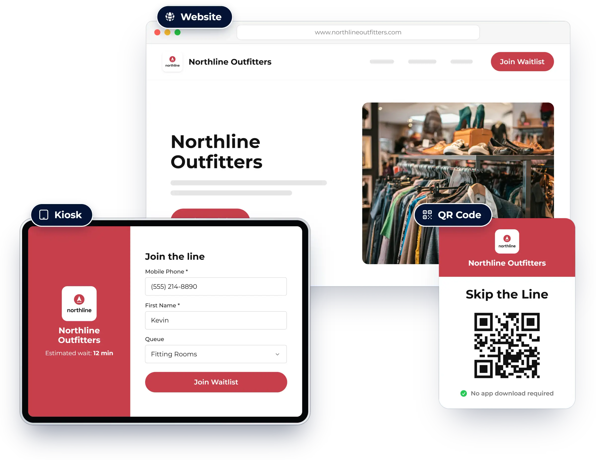 Three ways for guests to join: website, kiosk and QR code, shown in NextMe for a retail store