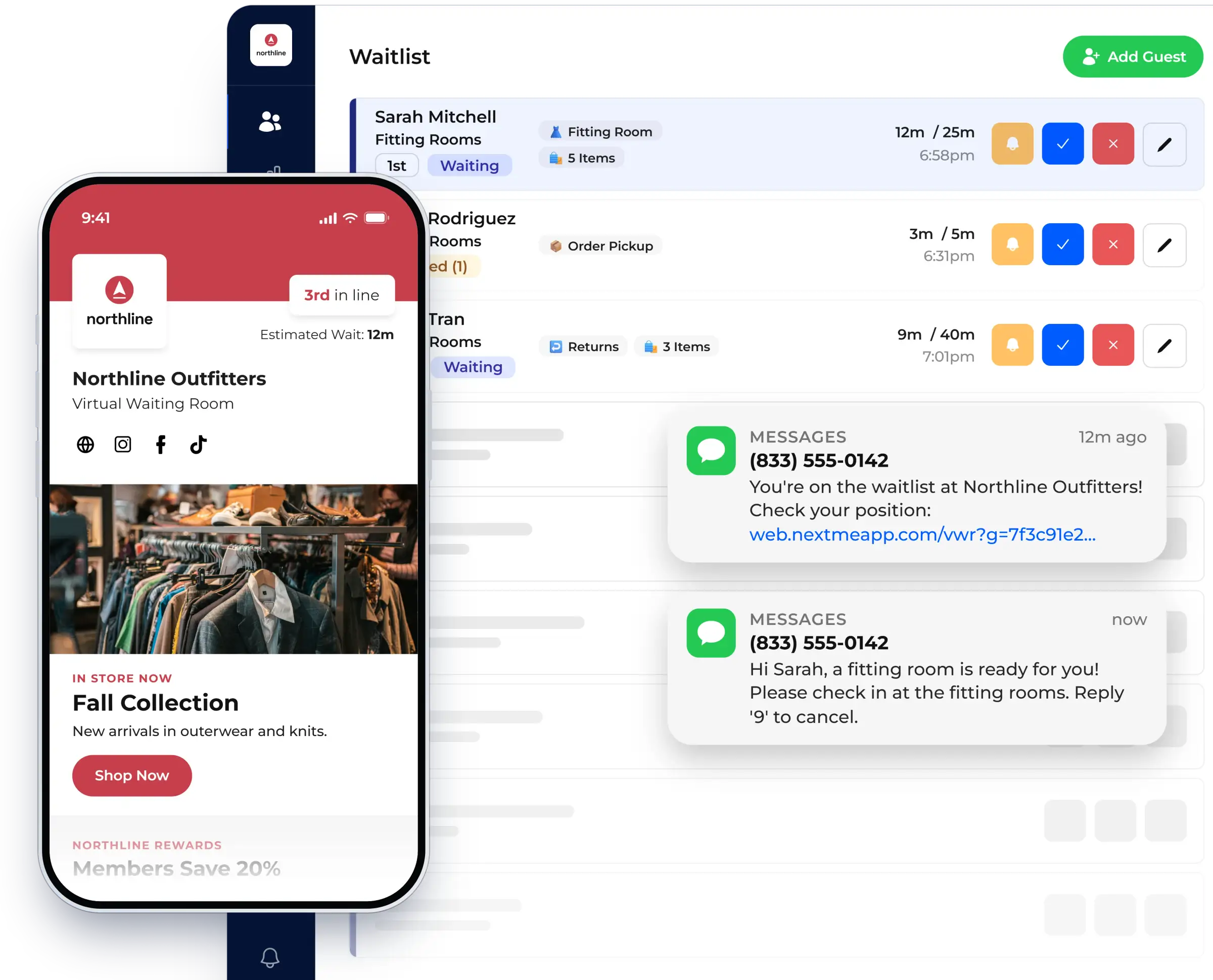 Waitlist dashboard with the virtual waiting room on a guest phone, shown in NextMe for a retail store