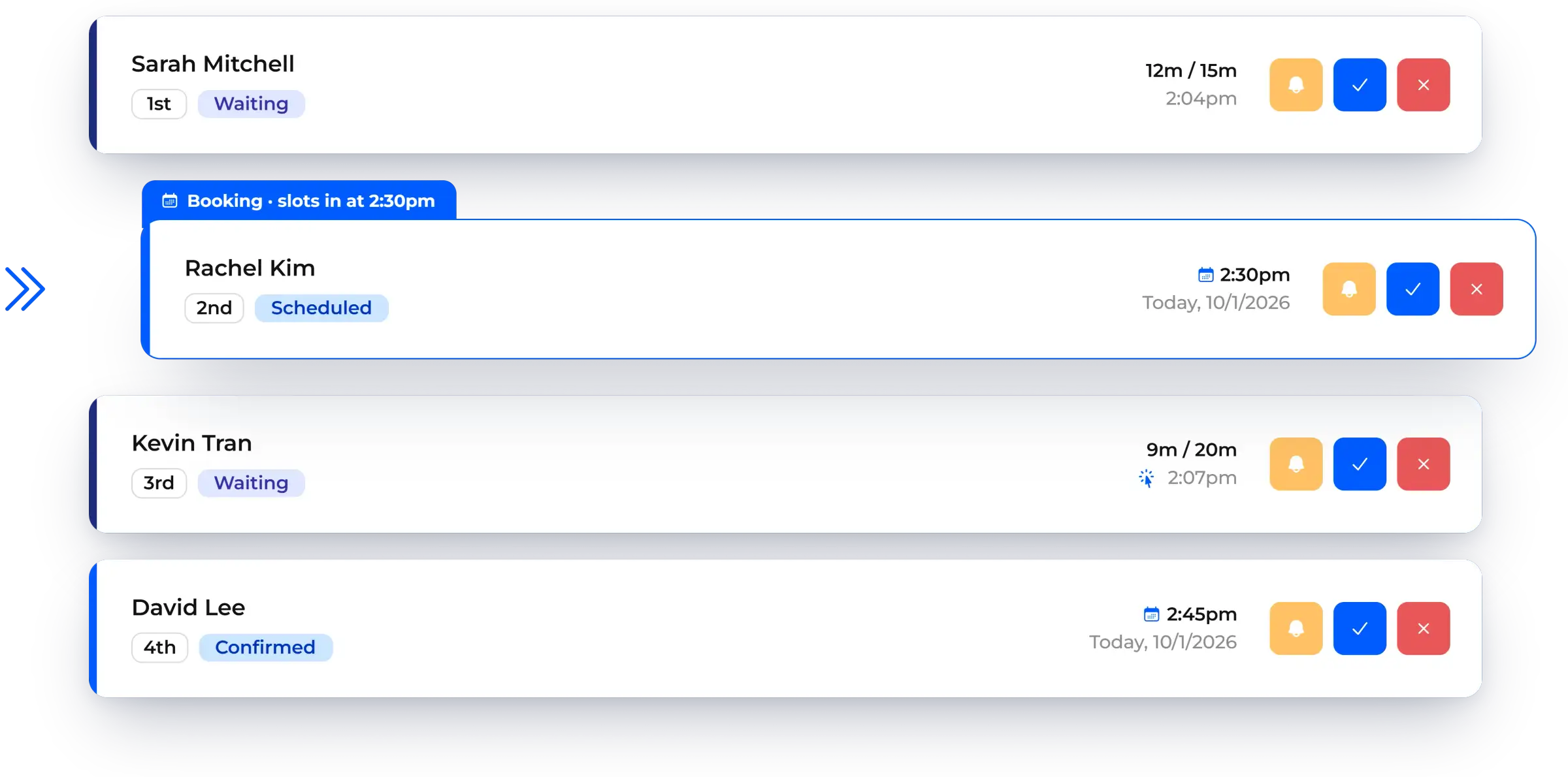 Bookings slotted in between walk-ins on one waitlist, shown in NextMe for a salon or spa