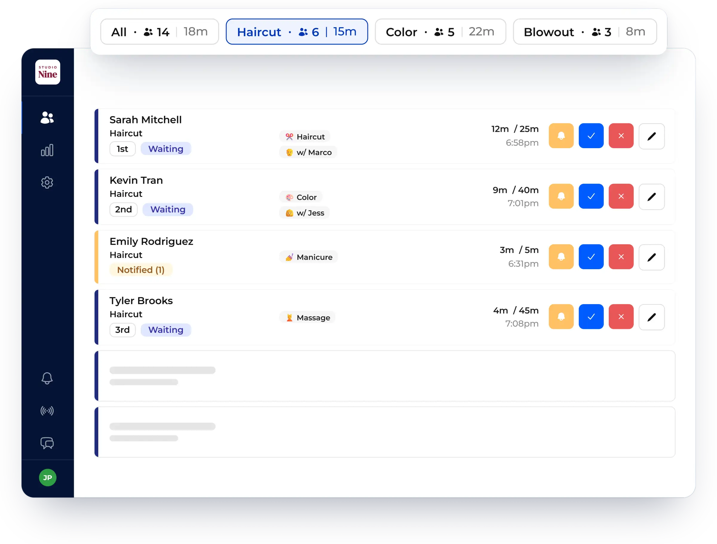 Multiple queues managed on one waitlist, shown in NextMe for a salon or spa