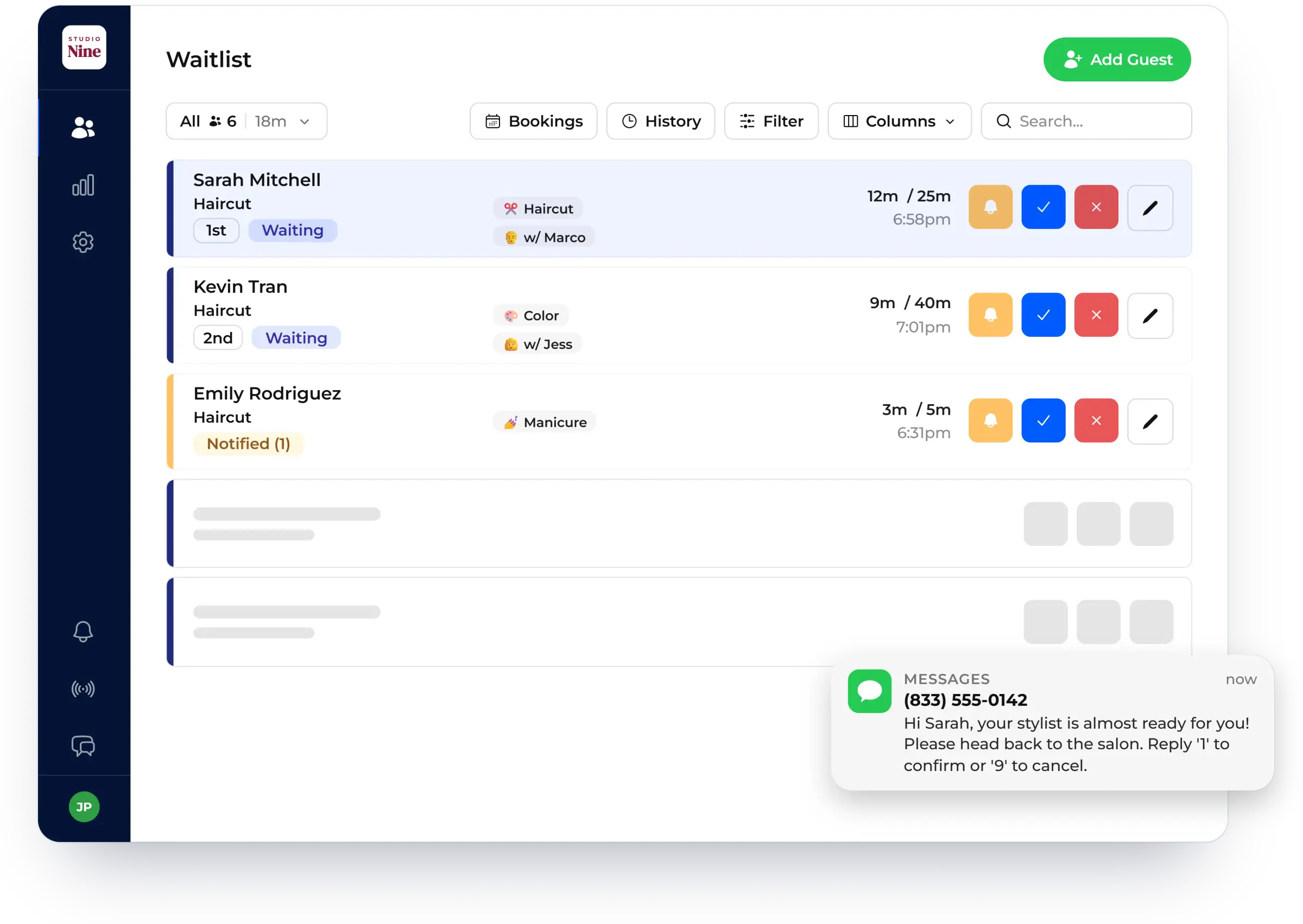 One-tap button that notifies a guest from the waitlist, shown in NextMe for a salon or spa