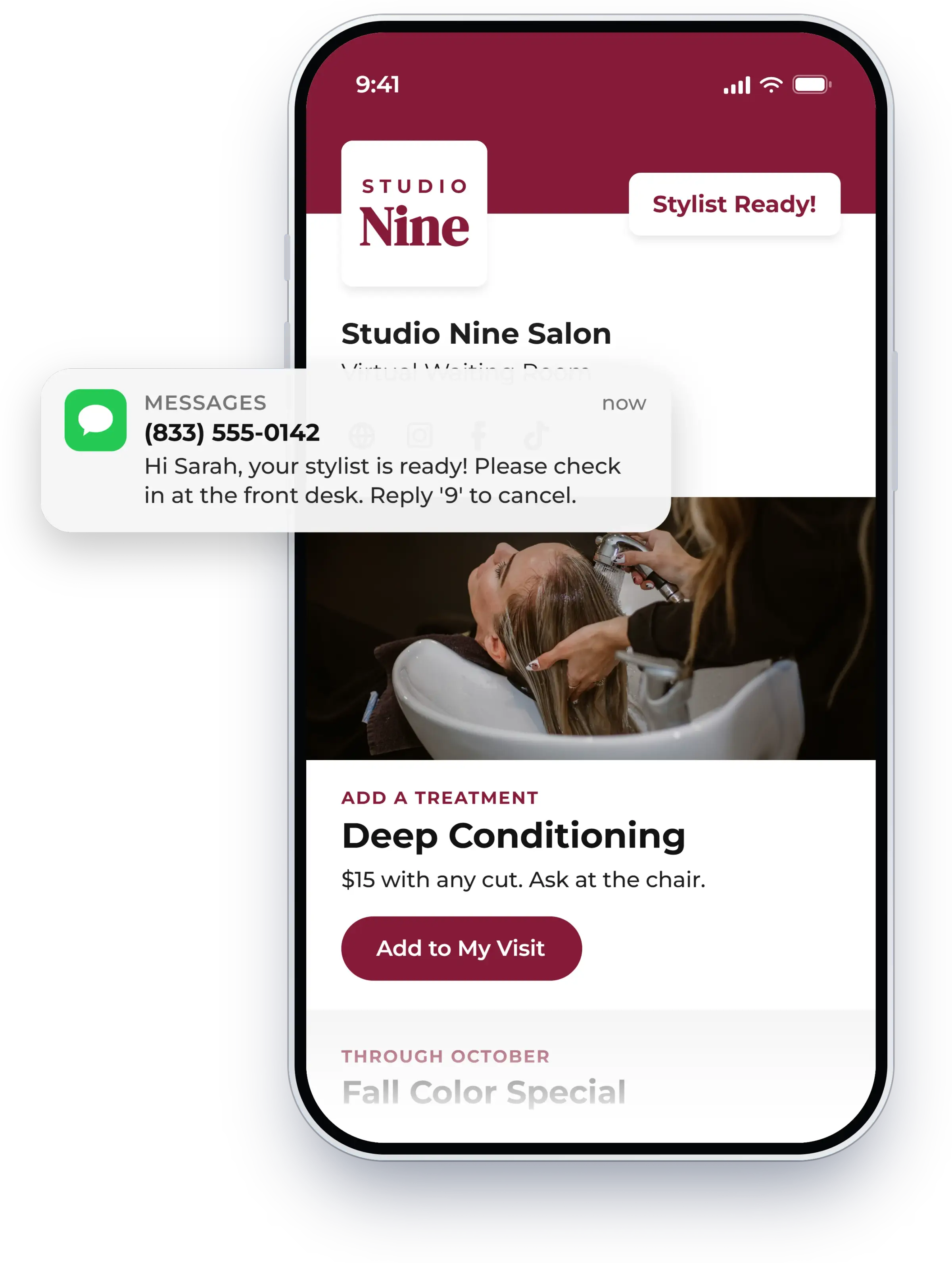 Text message telling a guest they are ready to be seen, shown in NextMe for a salon or spa