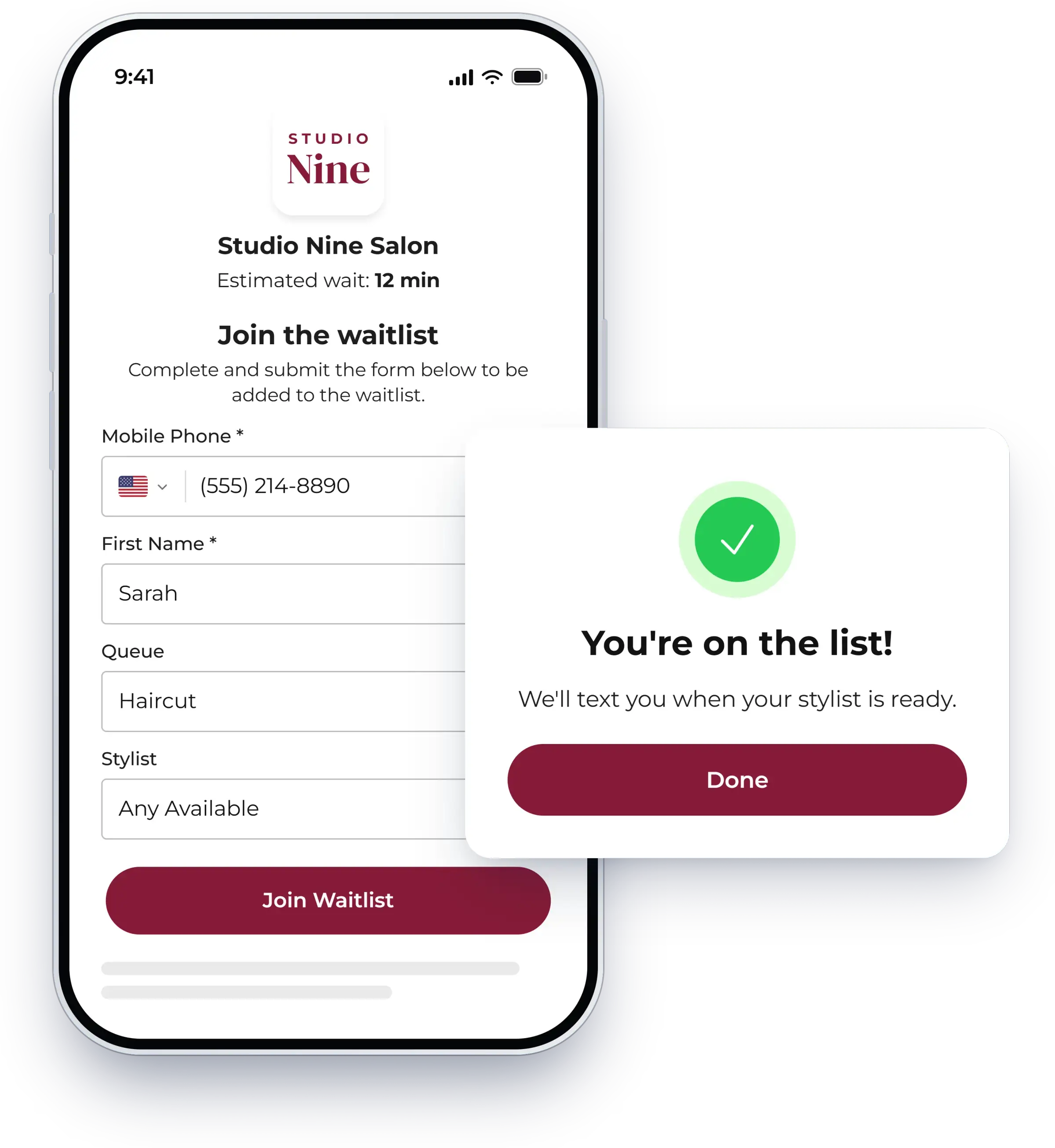 Self check-in form where guests join the waitlist from their phone, shown in NextMe for a salon or spa