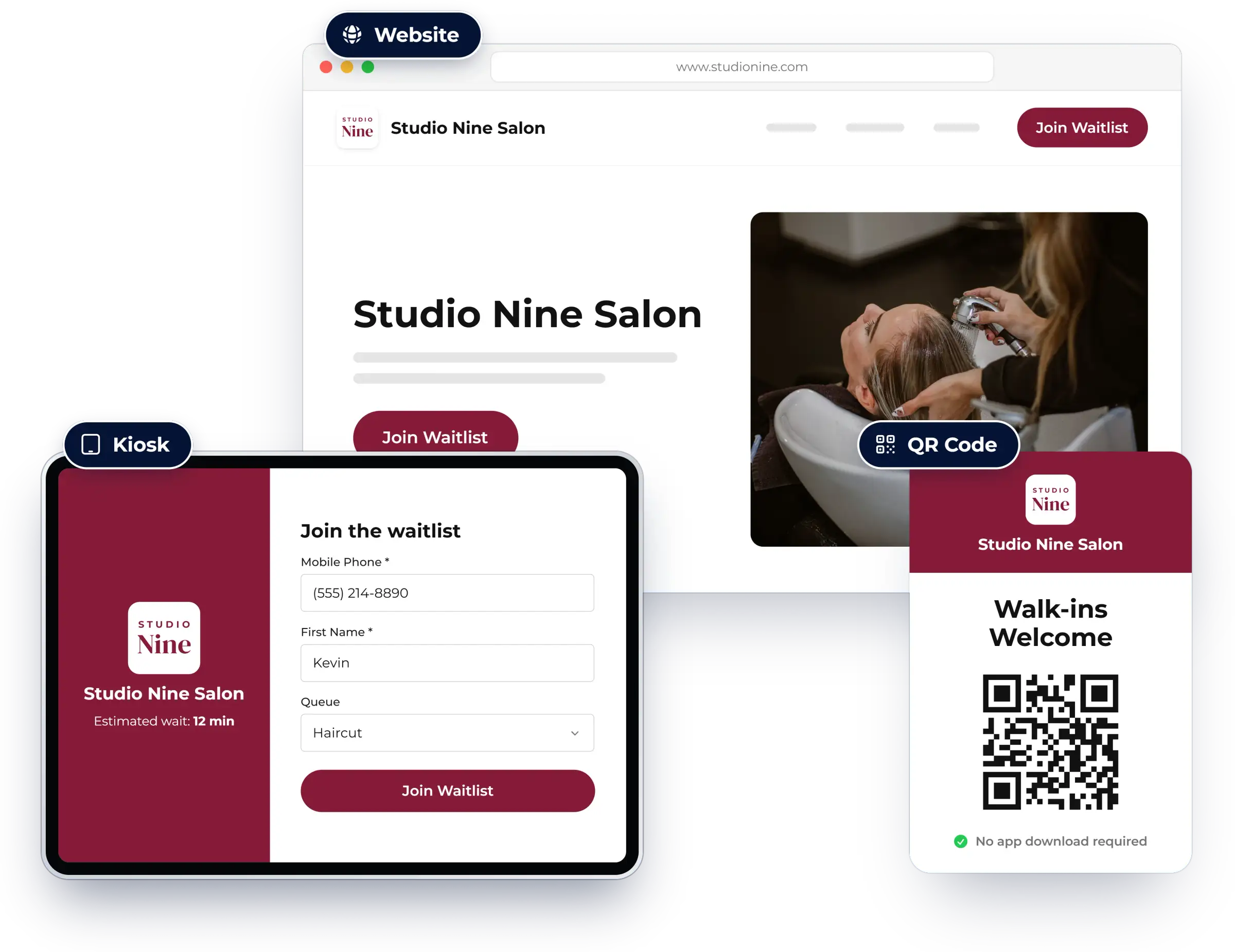 Three ways for guests to join: website, kiosk and QR code, shown in NextMe for a salon or spa
