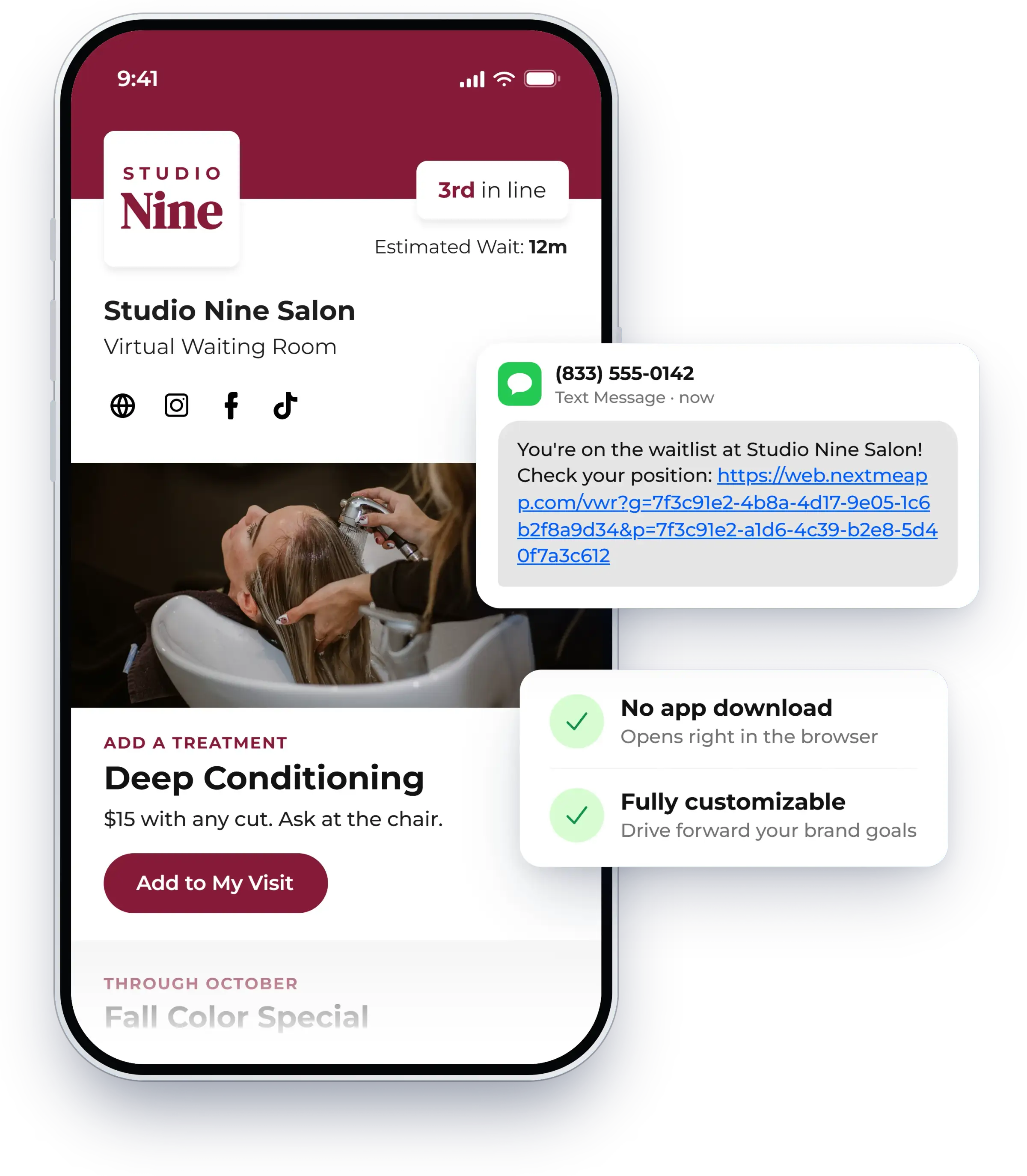 Virtual waiting room showing a guest their place in line on their phone, shown in NextMe for a salon or spa