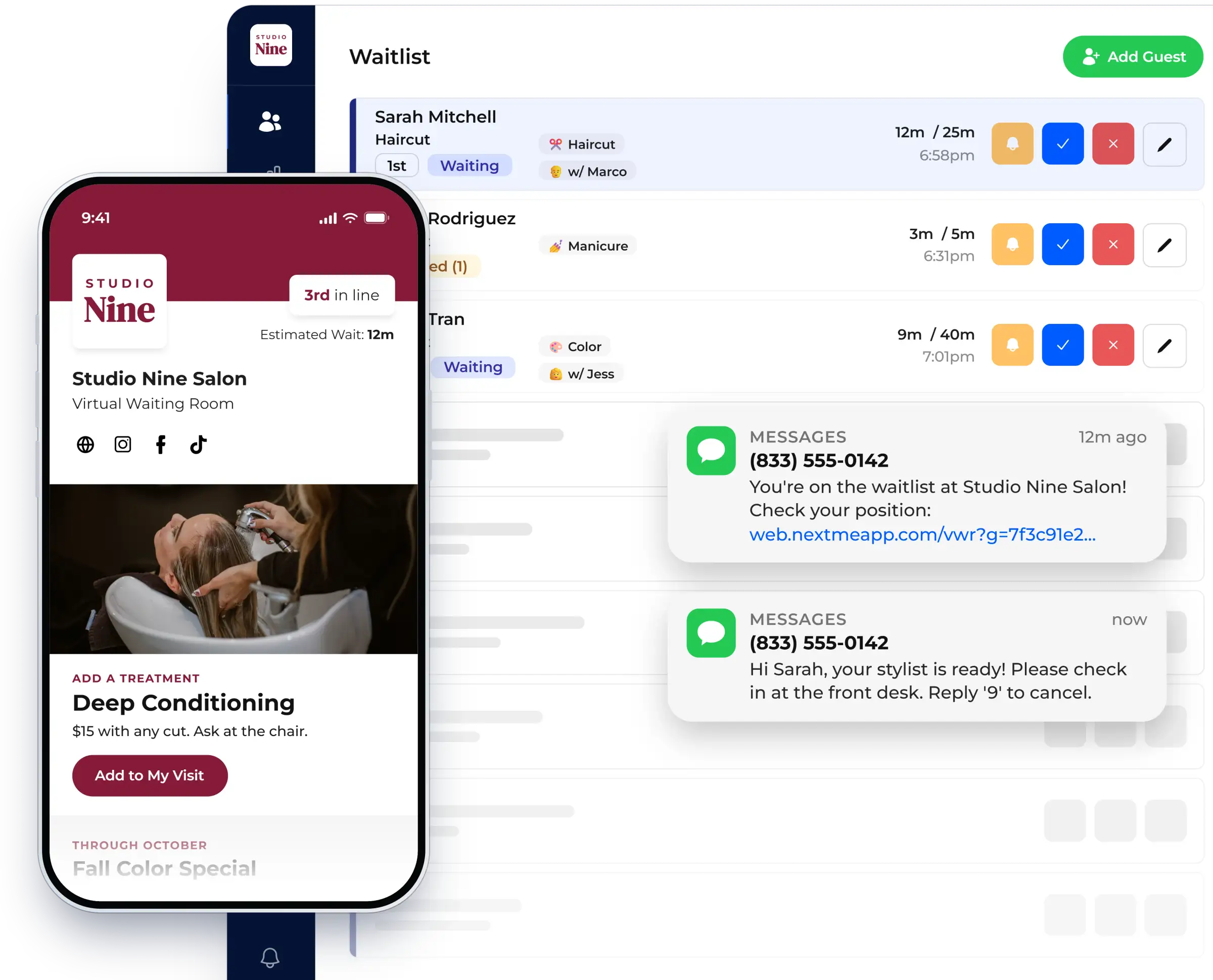 Waitlist dashboard with the virtual waiting room on a guest phone, shown in NextMe for a salon or spa
