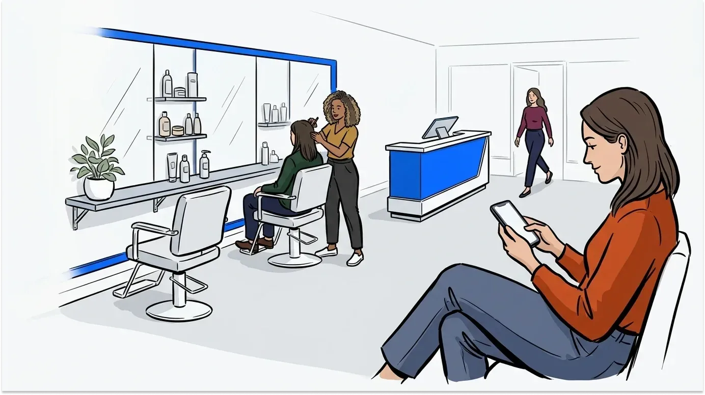 A salon waitlist app in use as a client holds a phone at a modern salon front desk