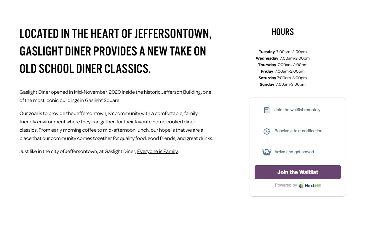 Gaslight Diner website with its hours and a Join the Waitlist widget powered by NextMe